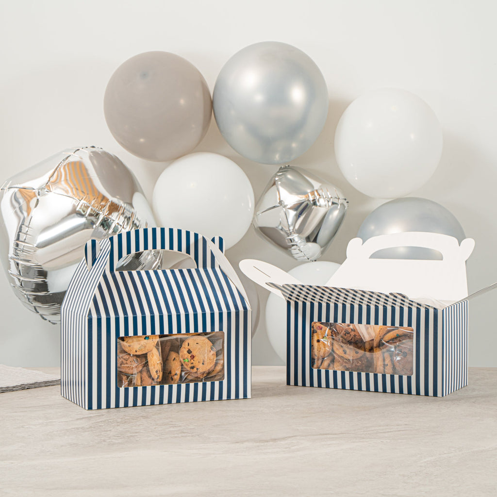 Bio Tek Blue and White Stripe Paper Gable Box / Take Out Container - with Window - 9 1/2" x 5" x 5" - 100 count box