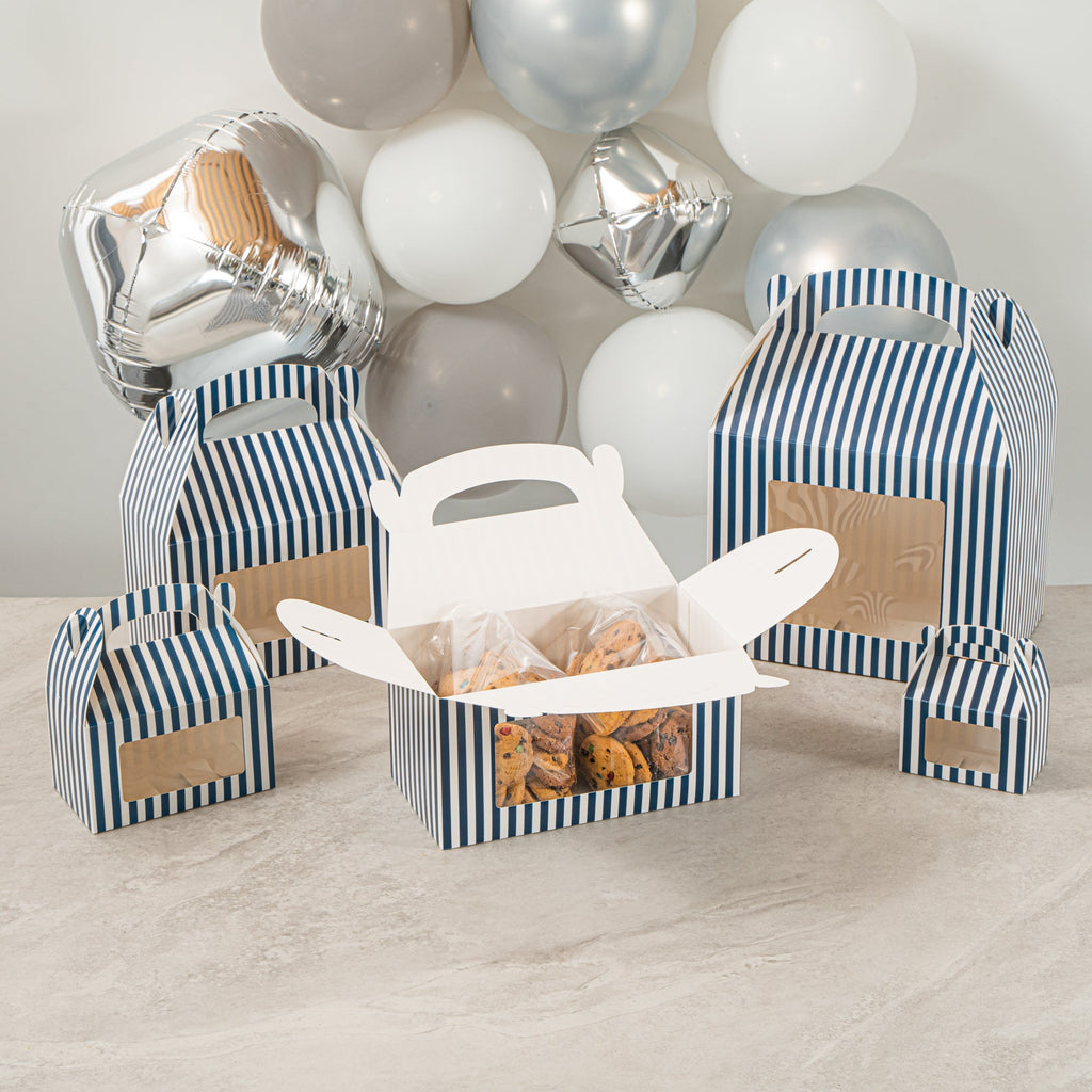 Bio Tek Blue and White Stripe Paper Gable Box / Take Out Container - with Window - 9 1/2" x 5" x 5" - 100 count box