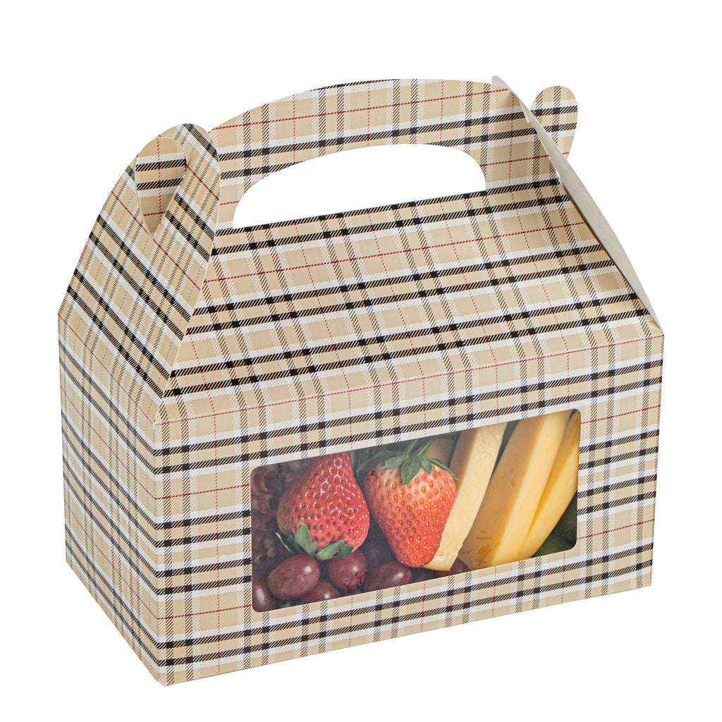 Bio Tek Plaid Paper Gable Box / Take Out Container - with Window - 9 1/2" x 5" x 5" - 25 count box