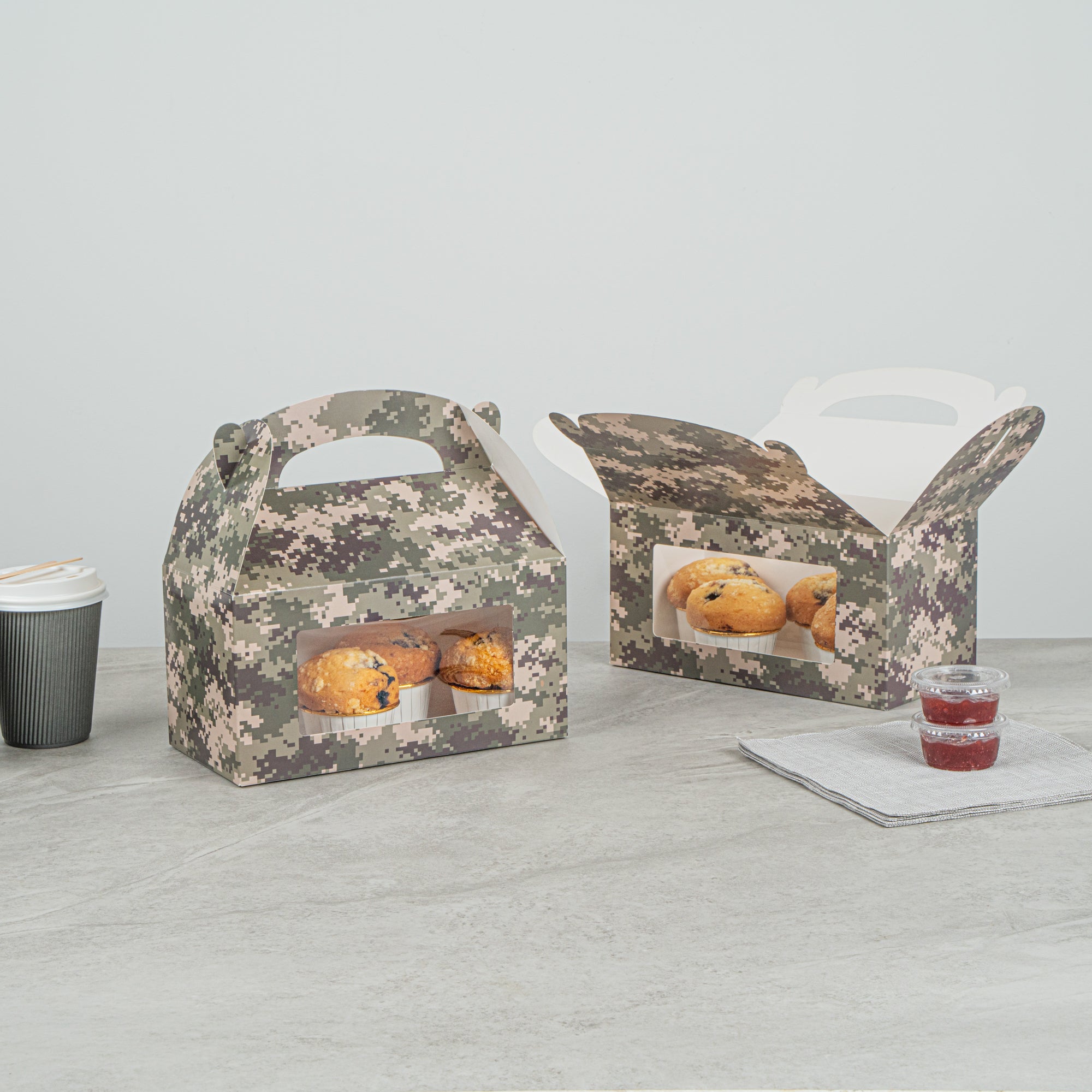 Bio Tek Camouflage Paper Gable Box / Take Out Container - with Window - 9 1/2" x 5" x 5" - 100 count box