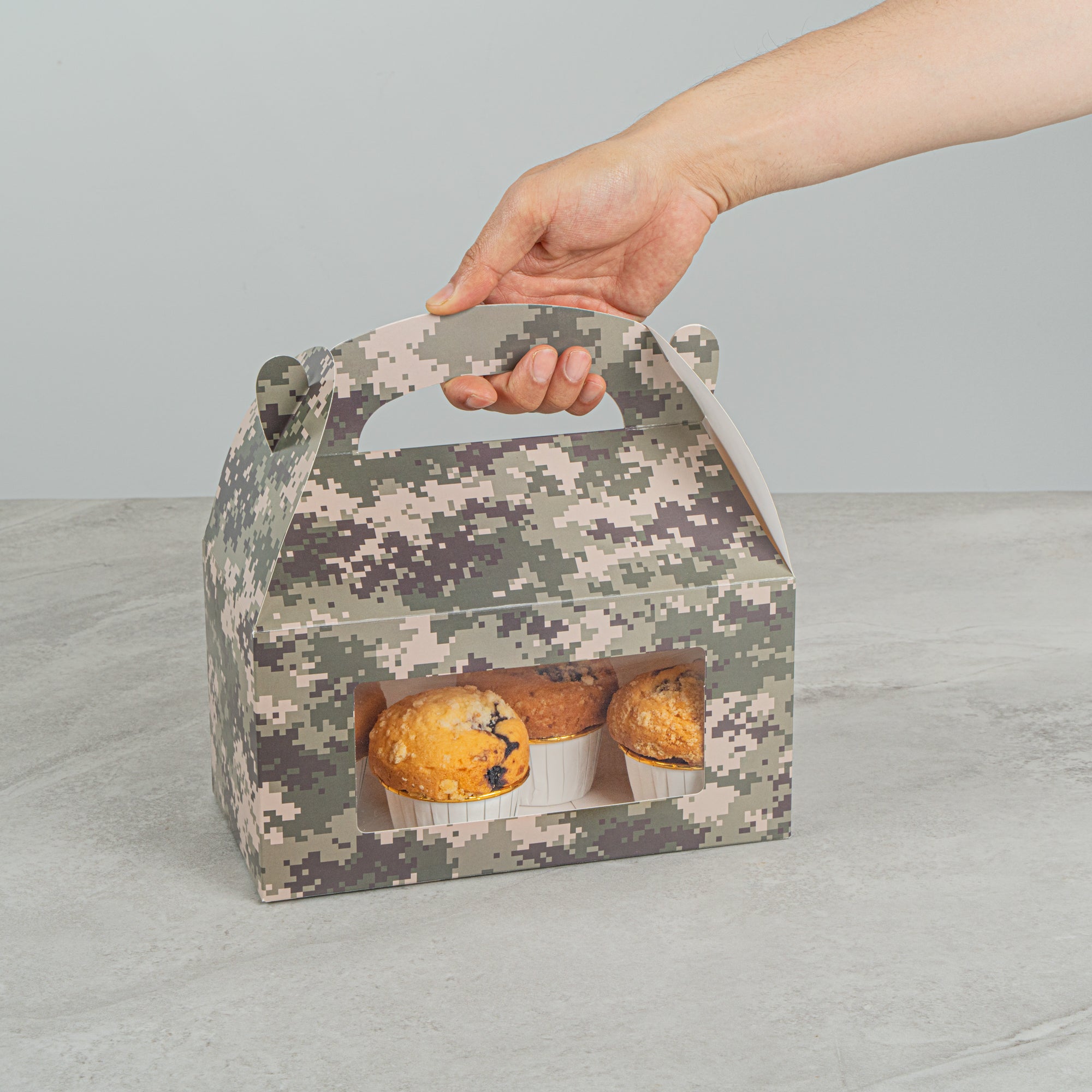 Bio Tek Camouflage Paper Gable Box / Take Out Container - with Window - 9 1/2" x 5" x 5" - 100 count box