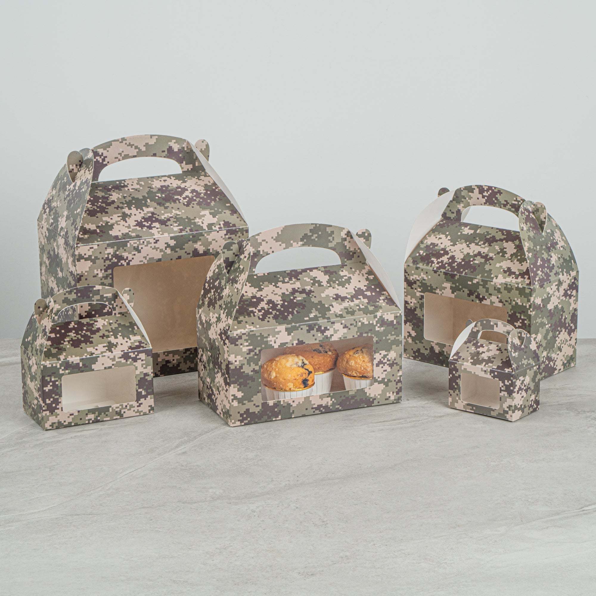 Bio Tek Camouflage Paper Gable Box / Take Out Container - with Window - 9 1/2" x 5" x 5" - 100 count box