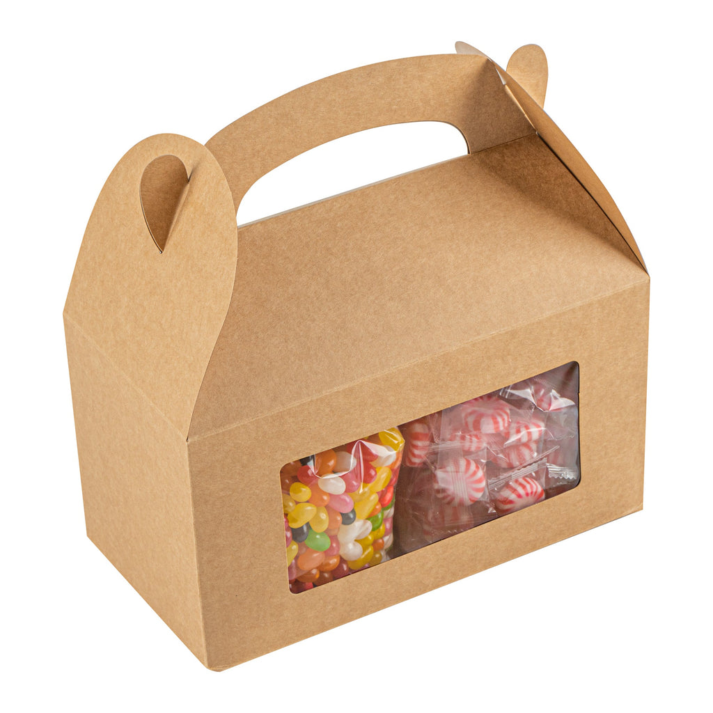Bio Tek Kraft Paper Gable Box / Take Out Container - Greaseproof, with Window - 9 1/2" x 5" x 5" - 25 count box