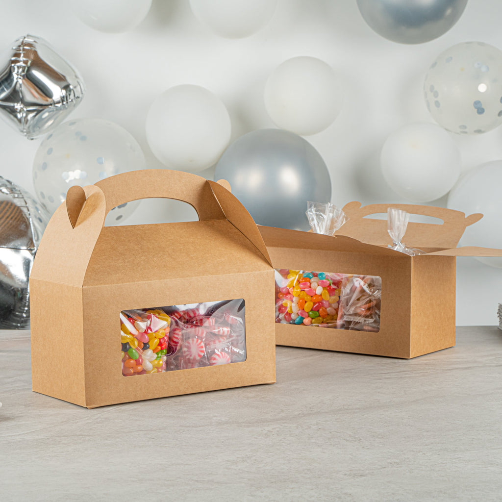 Bio Tek Kraft Paper Gable Box / Take Out Container - Greaseproof, with Window - 9 1/2" x 5" x 5" - 25 count box