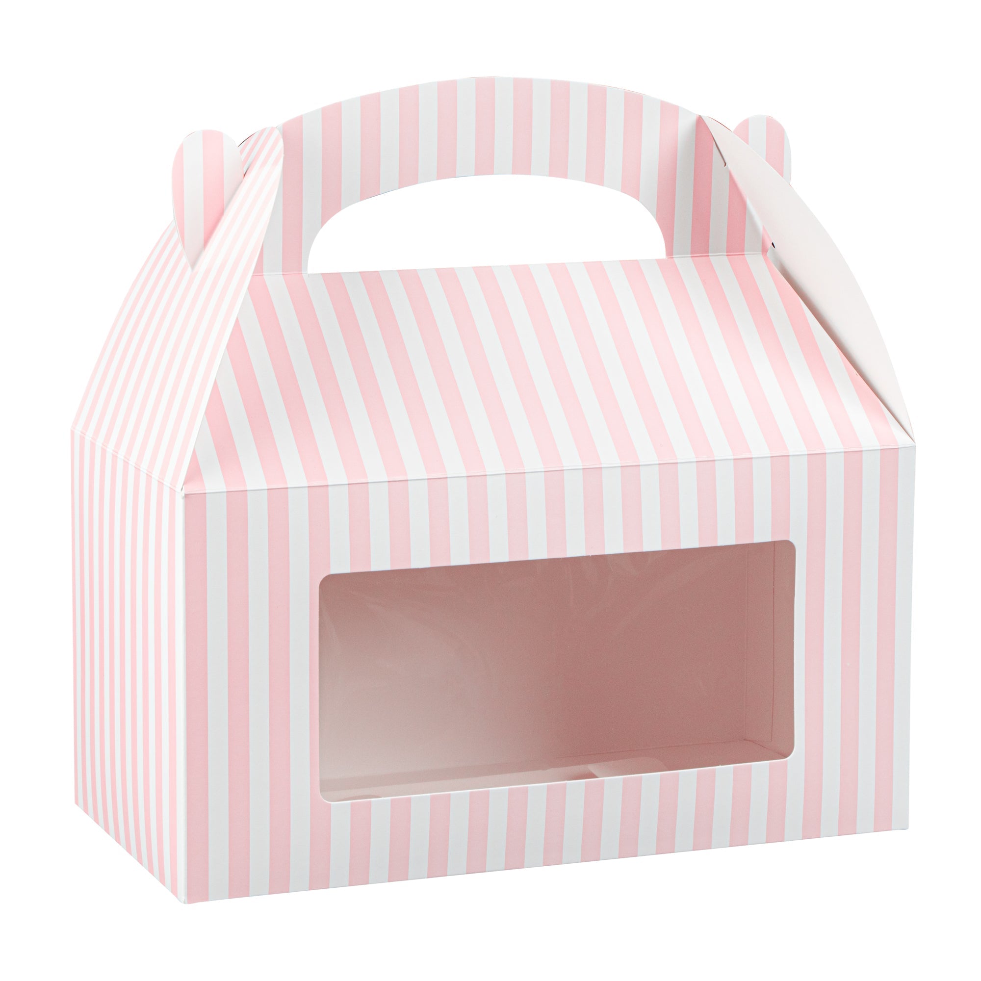 Bio Tek Pink and White Stripe Paper Gable Box / Take Out Container - with Window - 9 1/2" x 5" x 5" - 25 count box