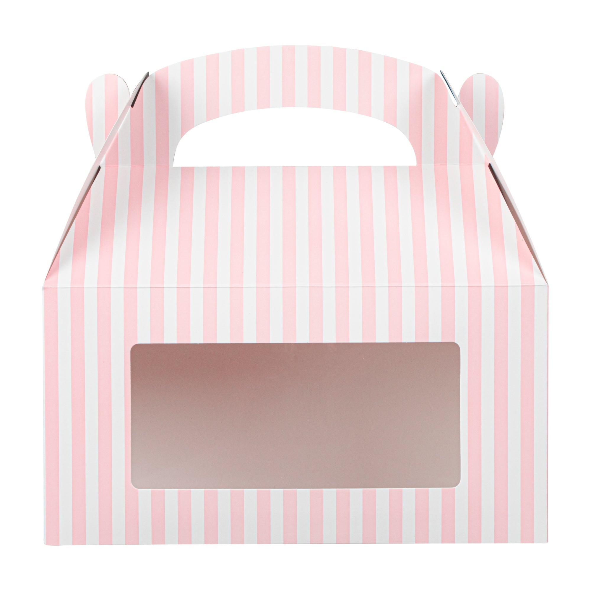Bio Tek Pink and White Stripe Paper Gable Box / Take Out Container - with Window - 9 1/2" x 5" x 5" - 25 count box