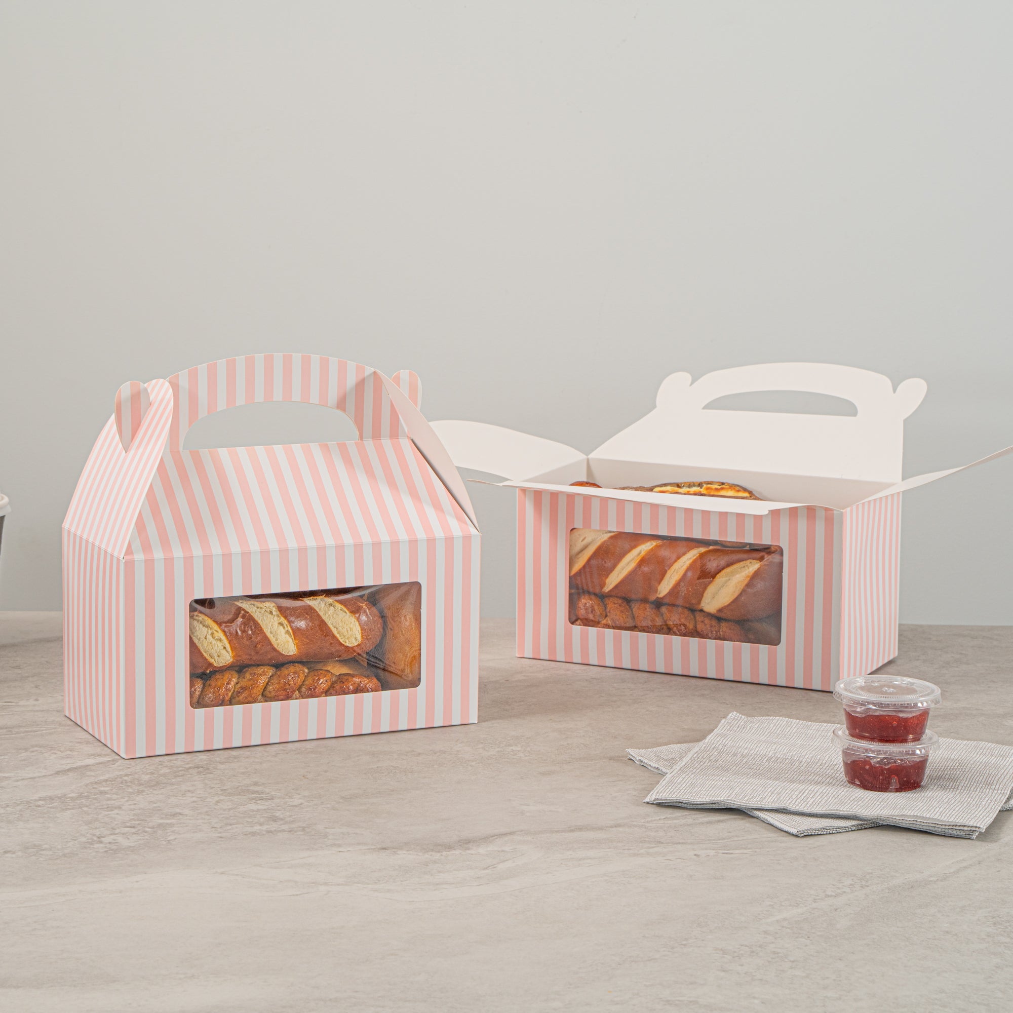 Bio Tek Pink and White Stripe Paper Gable Box / Take Out Container - with Window - 9 1/2" x 5" x 5" - 25 count box