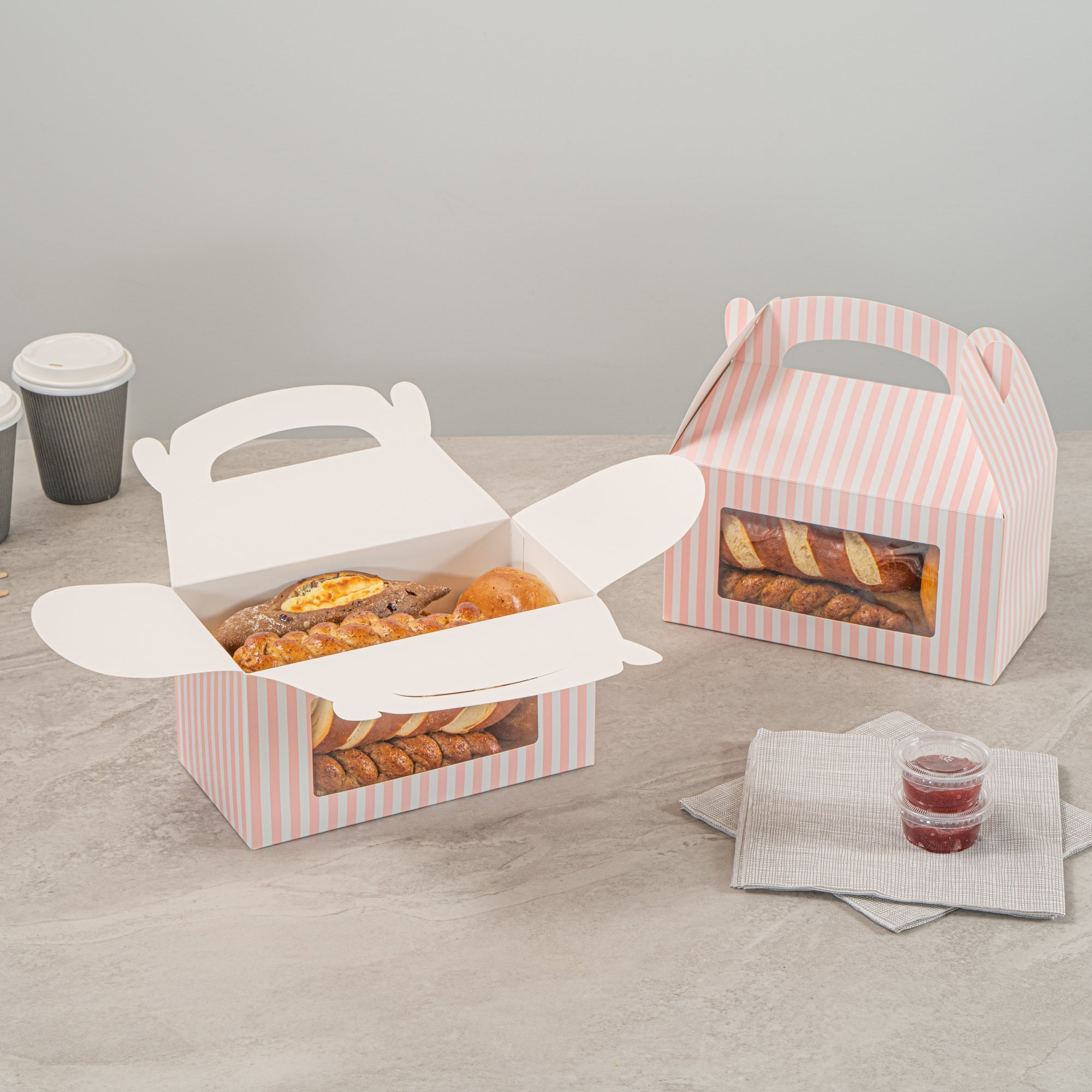 Bio Tek Pink and White Stripe Paper Gable Box / Take Out Container - with Window - 9 1/2" x 5" x 5" - 100 count box