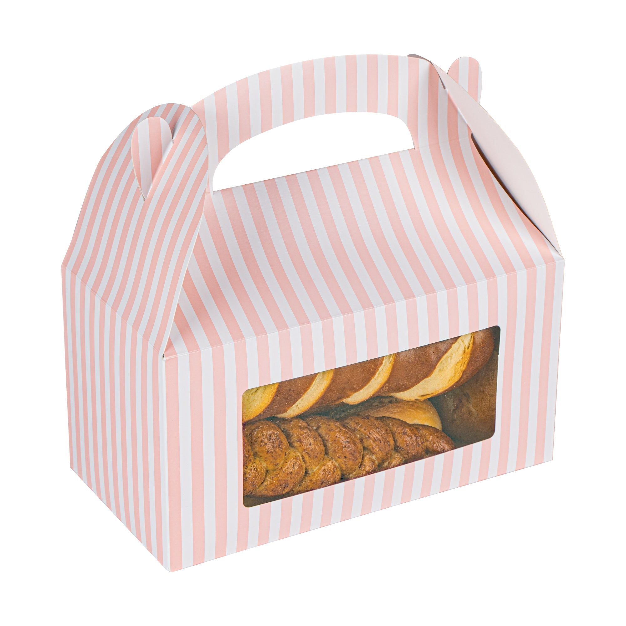 Bio Tek Pink and White Stripe Paper Gable Box / Take Out Container - with Window - 9 1/2" x 5" x 5" - 100 count box