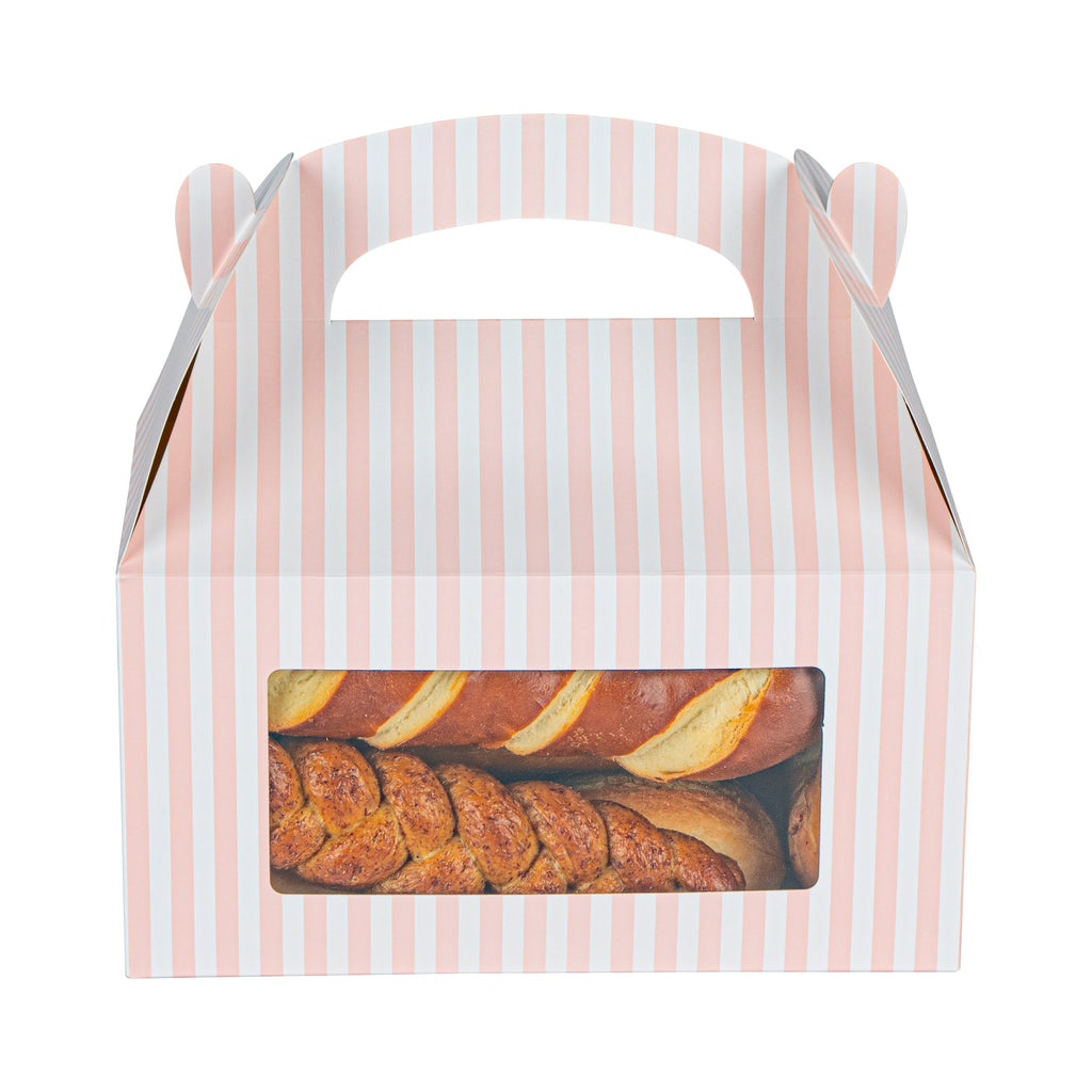 Bio Tek Pink and White Stripe Paper Gable Box / Take Out Container - with Window - 9 1/2" x 5" x 5" - 100 count box