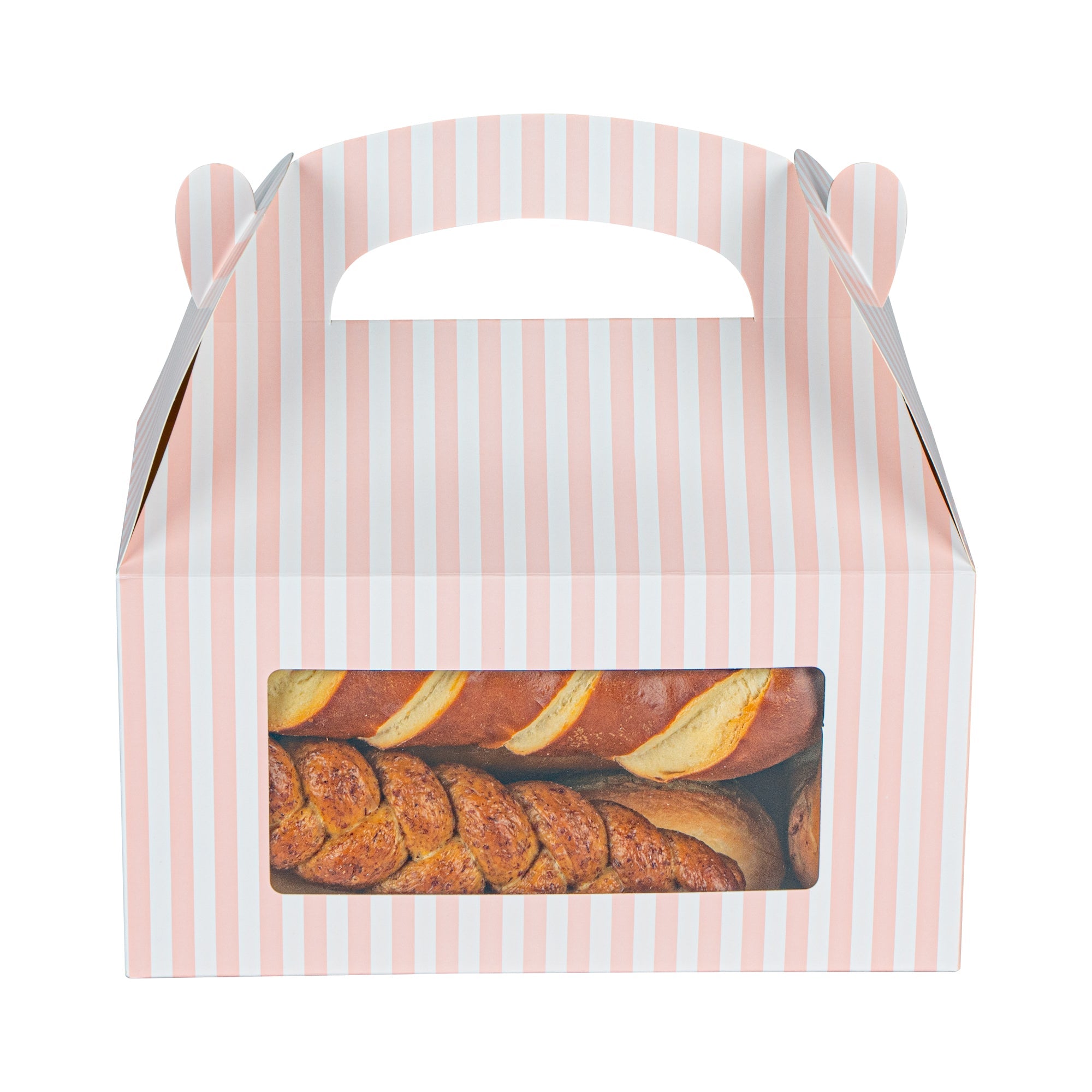 Bio Tek Pink and White Stripe Paper Gable Box / Take Out Container - with Window - 9 1/2" x 5" x 5" - 100 count box