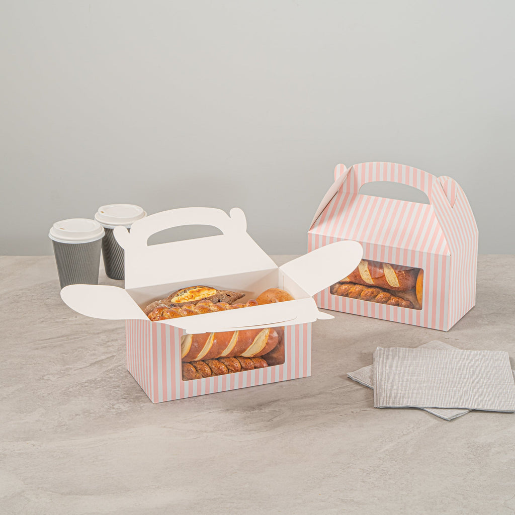 Bio Tek Pink and White Stripe Paper Gable Box / Take Out Container - with Window - 9 1/2" x 5" x 5" - 100 count box