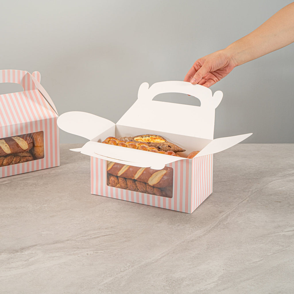Bio Tek Pink and White Stripe Paper Gable Box / Take Out Container - with Window - 9 1/2" x 5" x 5" - 100 count box