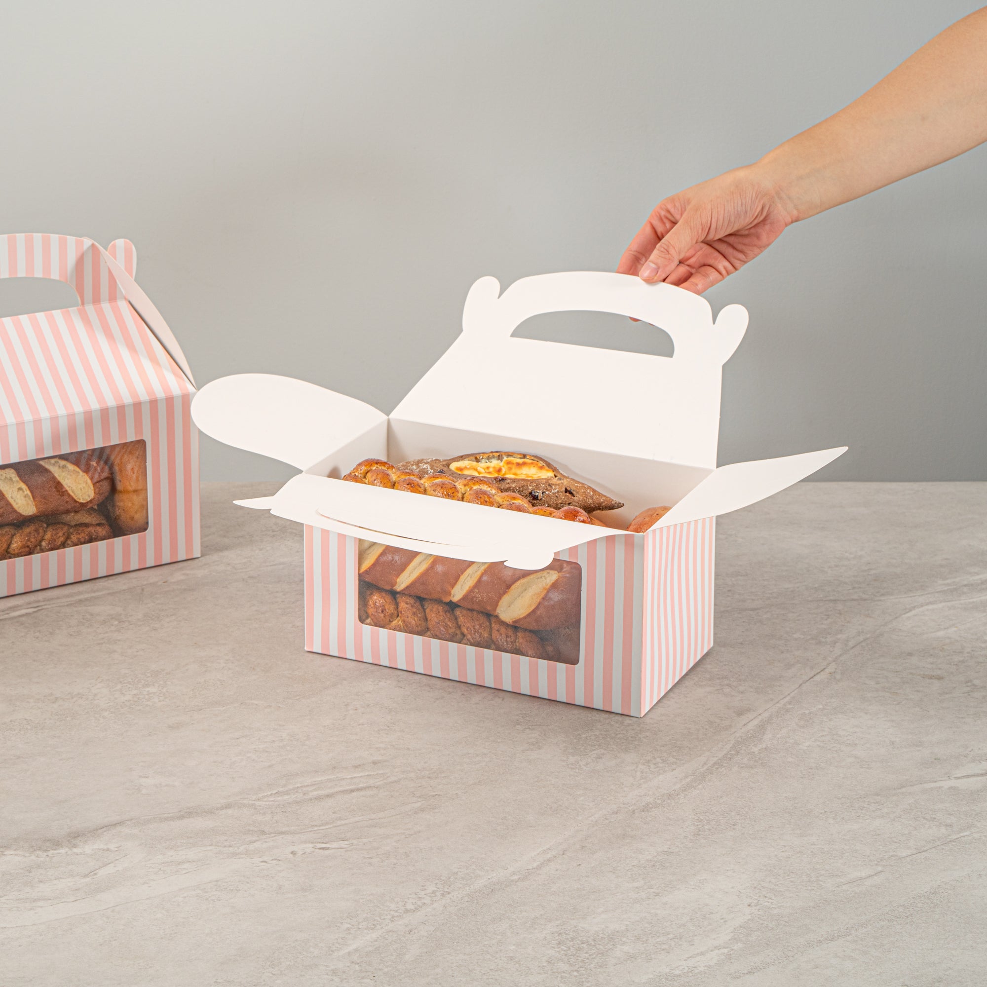 Bio Tek Pink and White Stripe Paper Gable Box / Take Out Container - with Window - 9 1/2" x 5" x 5" - 100 count box