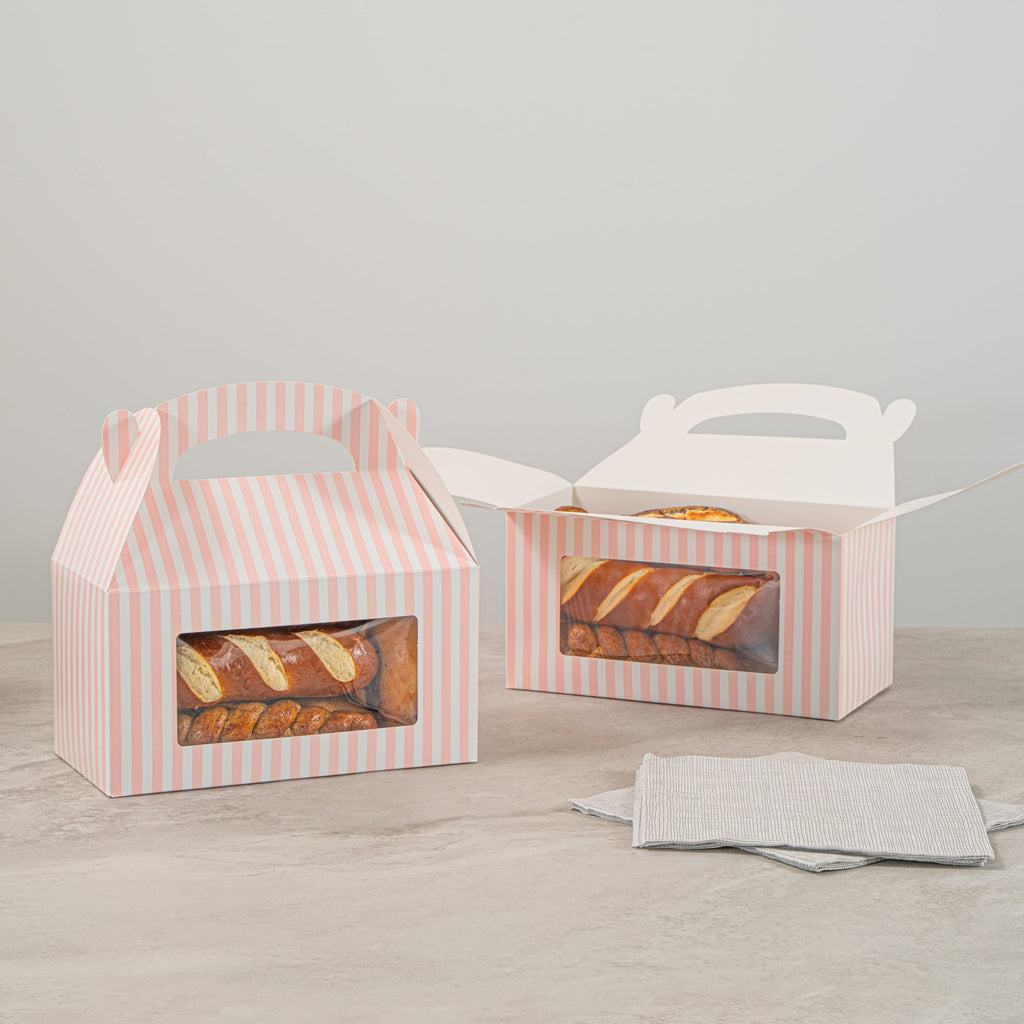 Bio Tek Pink and White Stripe Paper Gable Box / Take Out Container - with Window - 9 1/2" x 5" x 5" - 100 count box