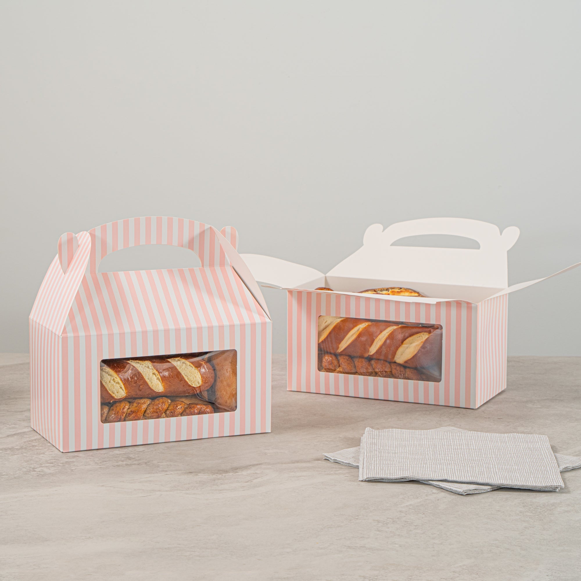 Bio Tek Pink and White Stripe Paper Gable Box / Take Out Container - with Window - 9 1/2" x 5" x 5" - 100 count box