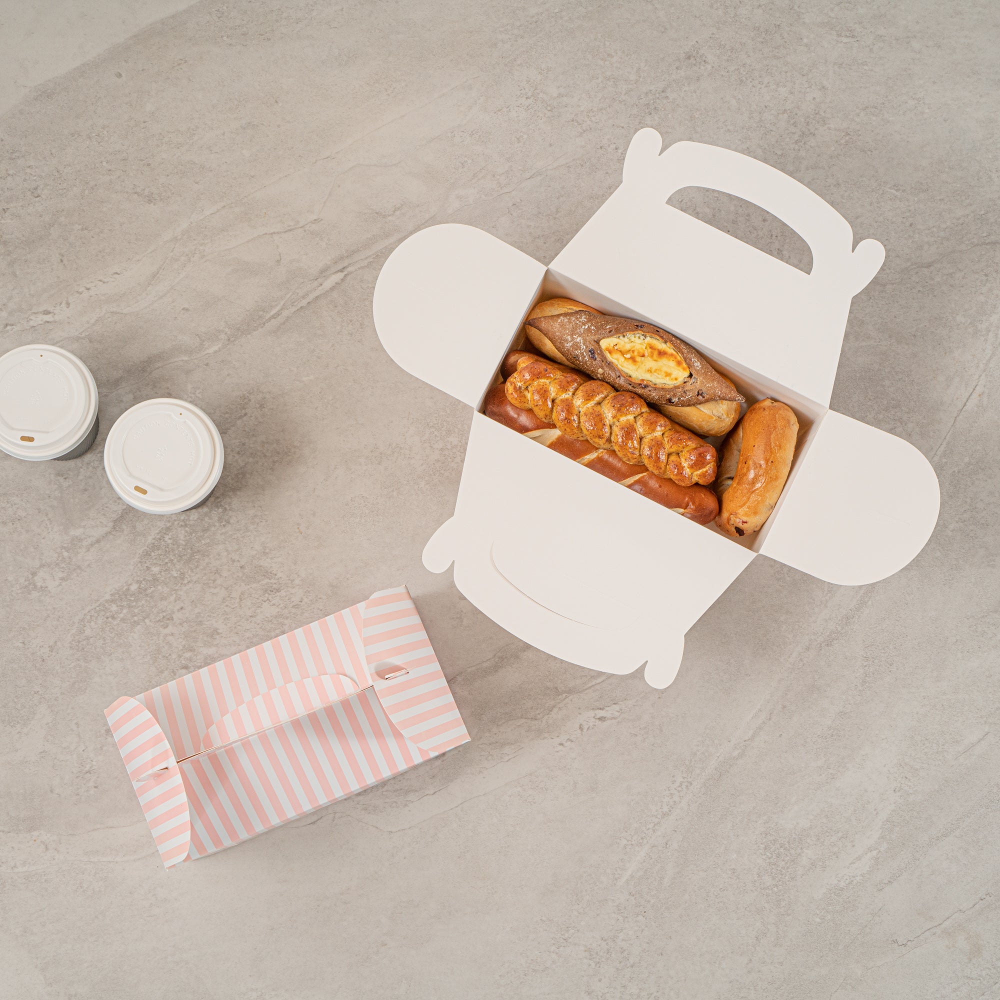 Bio Tek Pink and White Stripe Paper Gable Box / Take Out Container - with Window - 9 1/2" x 5" x 5" - 100 count box