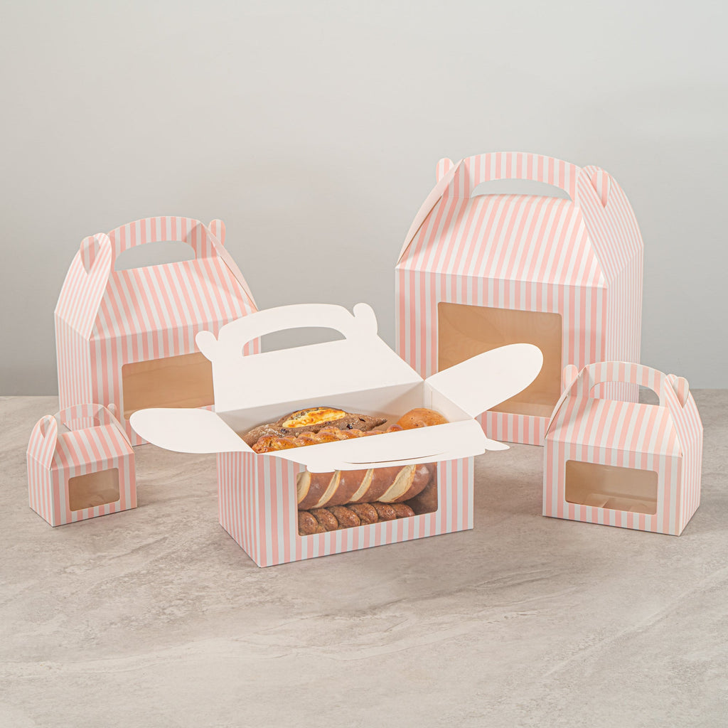 Bio Tek Pink and White Stripe Paper Gable Box / Take Out Container - with Window - 9 1/2" x 5" x 5" - 100 count box