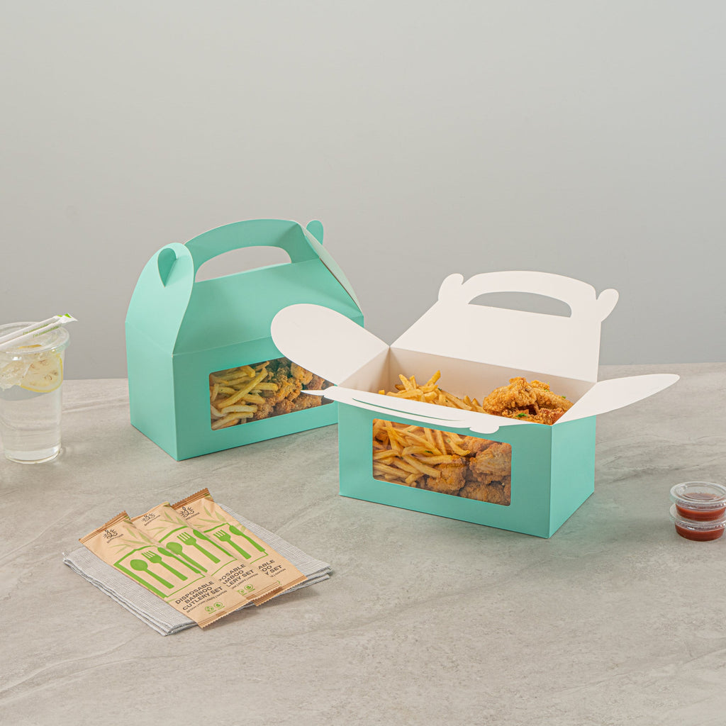 Bio Tek Turquoise Paper Gable Box / Take Out Container - with Window - 9 1/2" x 5" x 5" - 100 count box