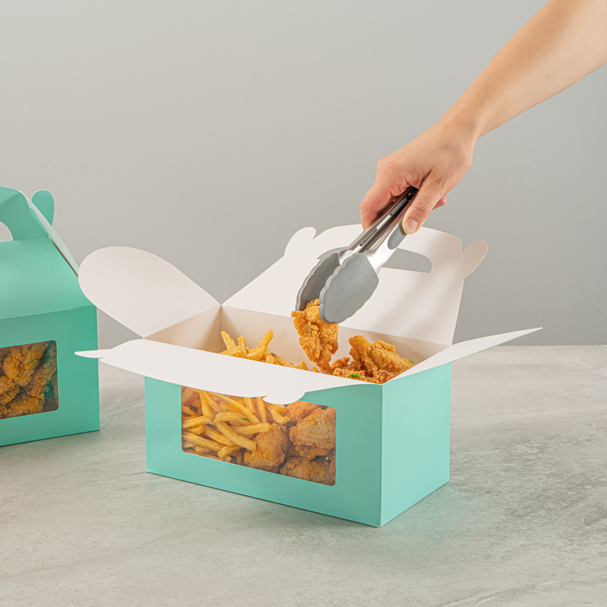 Bio Tek Turquoise Paper Gable Box / Take Out Container - with Window - 9 1/2" x 5" x 5" - 100 count box