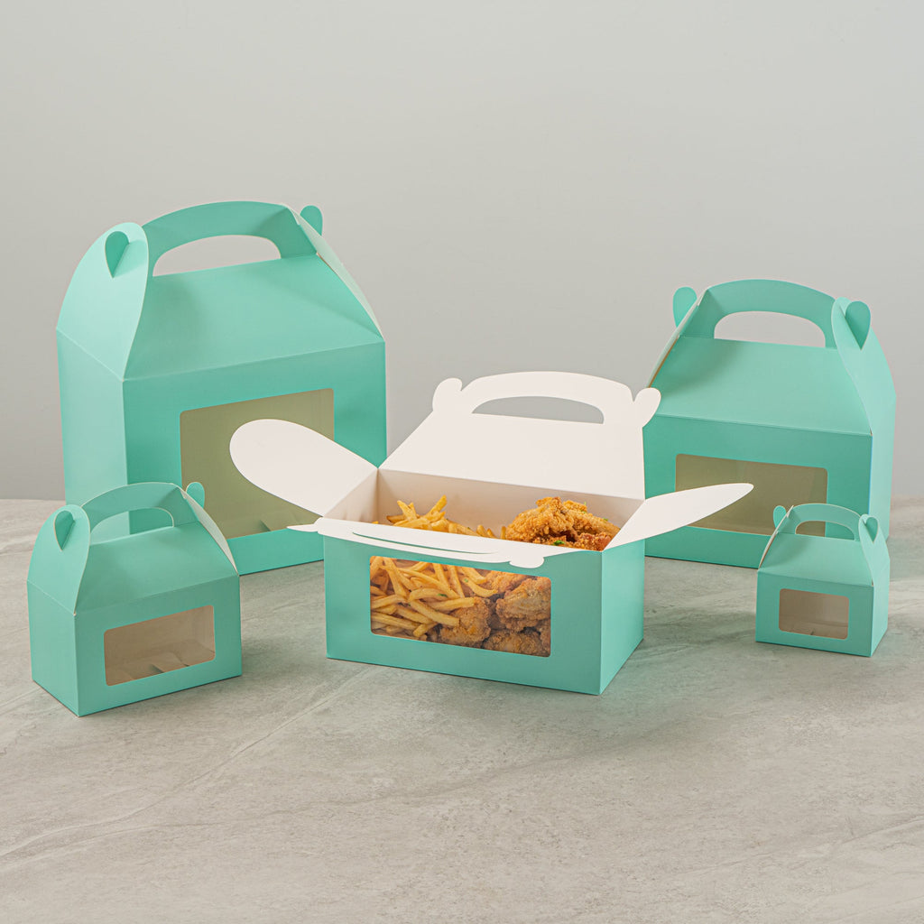 Bio Tek Turquoise Paper Gable Box / Take Out Container - with Window - 9 1/2" x 5" x 5" - 100 count box
