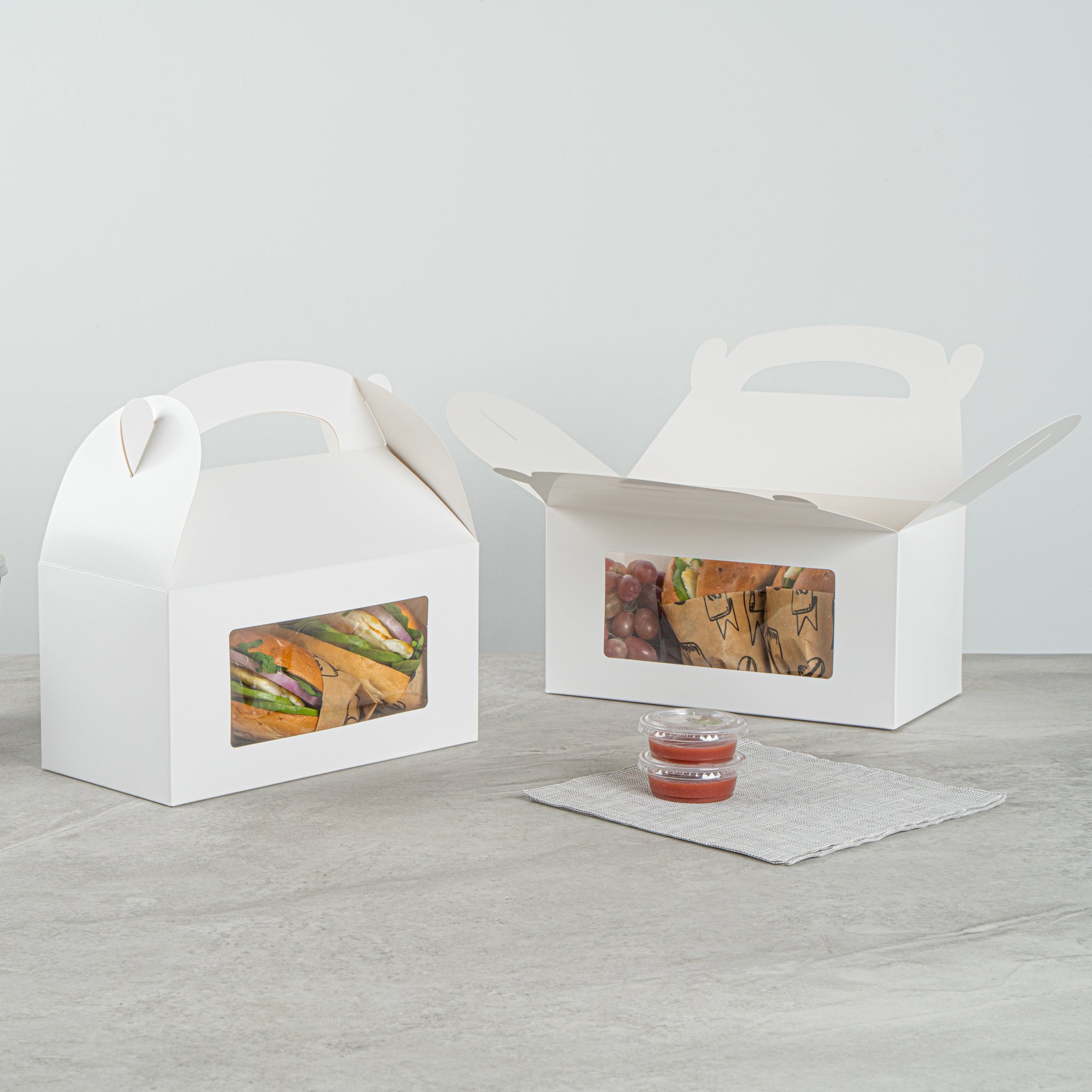 Bio Tek White Paper Gable Box / Take Out Container - Greaseproof, with Window - 9 1/2" x 5" x 5" - 100 count box