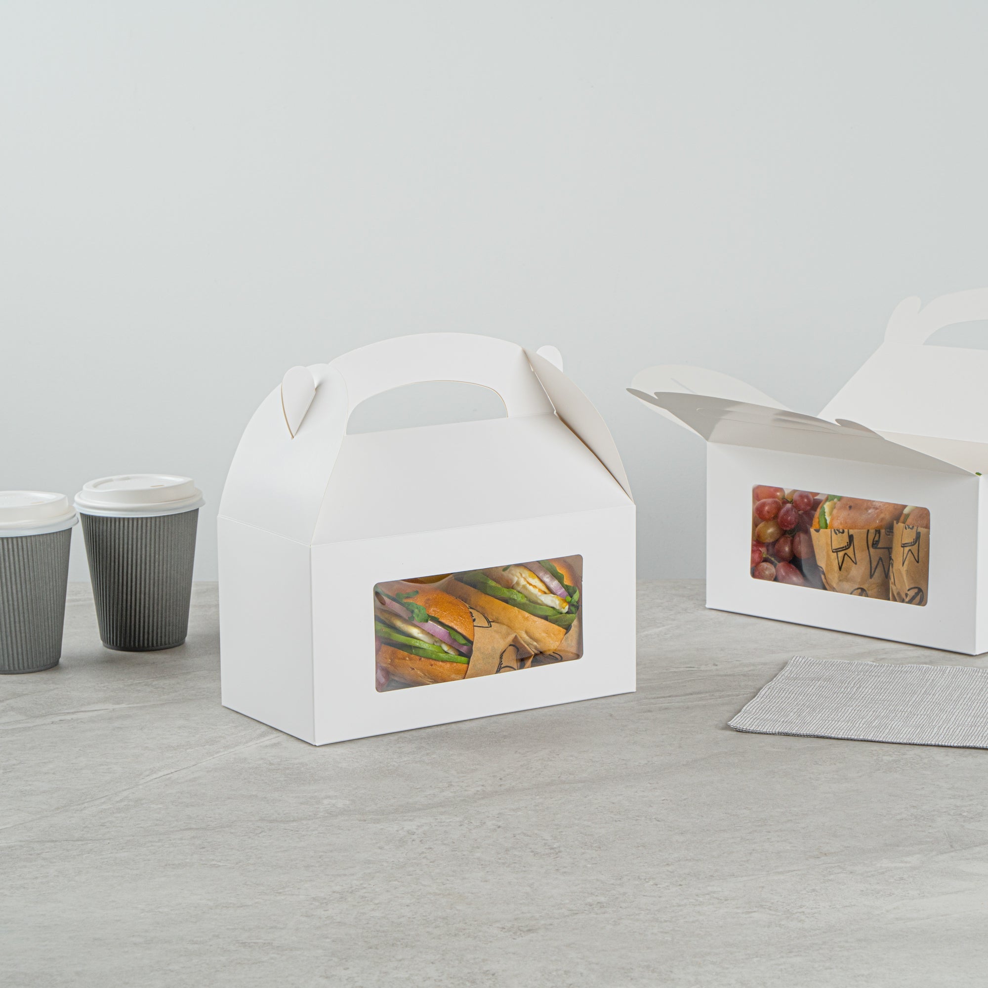 Bio Tek White Paper Gable Box / Take Out Container - Greaseproof, with Window - 9 1/2" x 5" x 5" - 100 count box