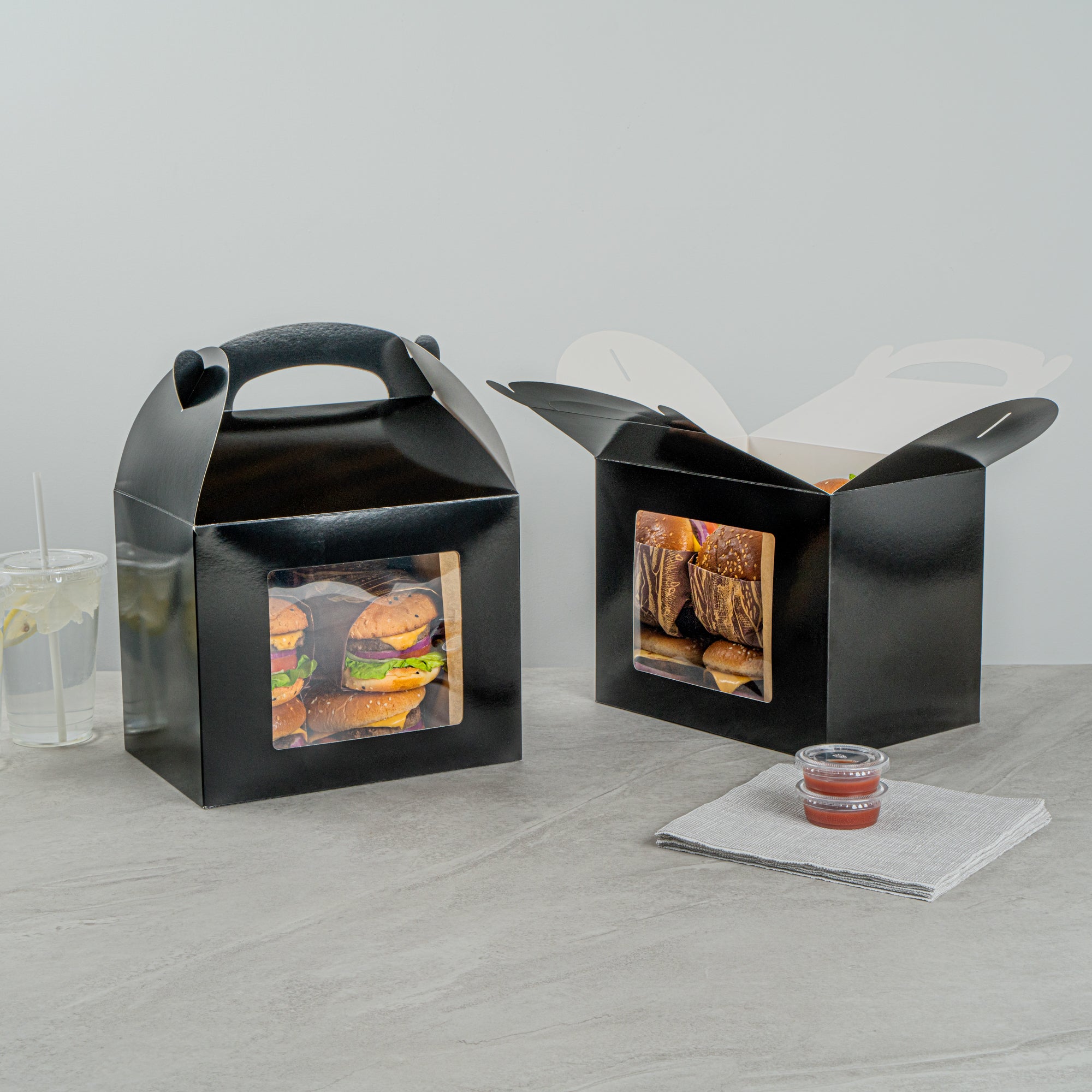 Bio Tek Black Paper Gable Box / Take Out Container - Greaseproof, with Window - 10" x 7" x 8" - 25 count box