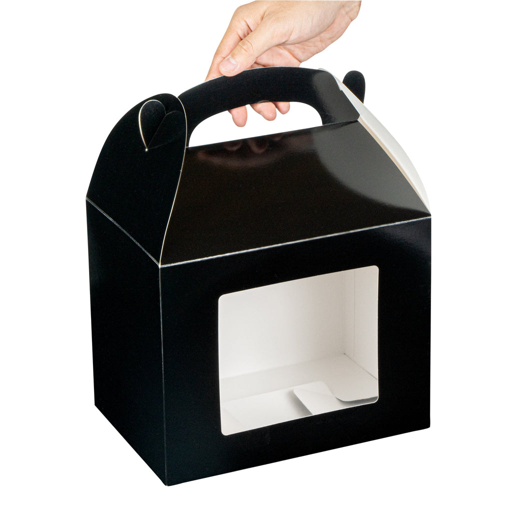 Bio Tek Black Paper Gable Box / Take Out Container - Greaseproof, with Window - 10" x 7" x 8" - 25 count box