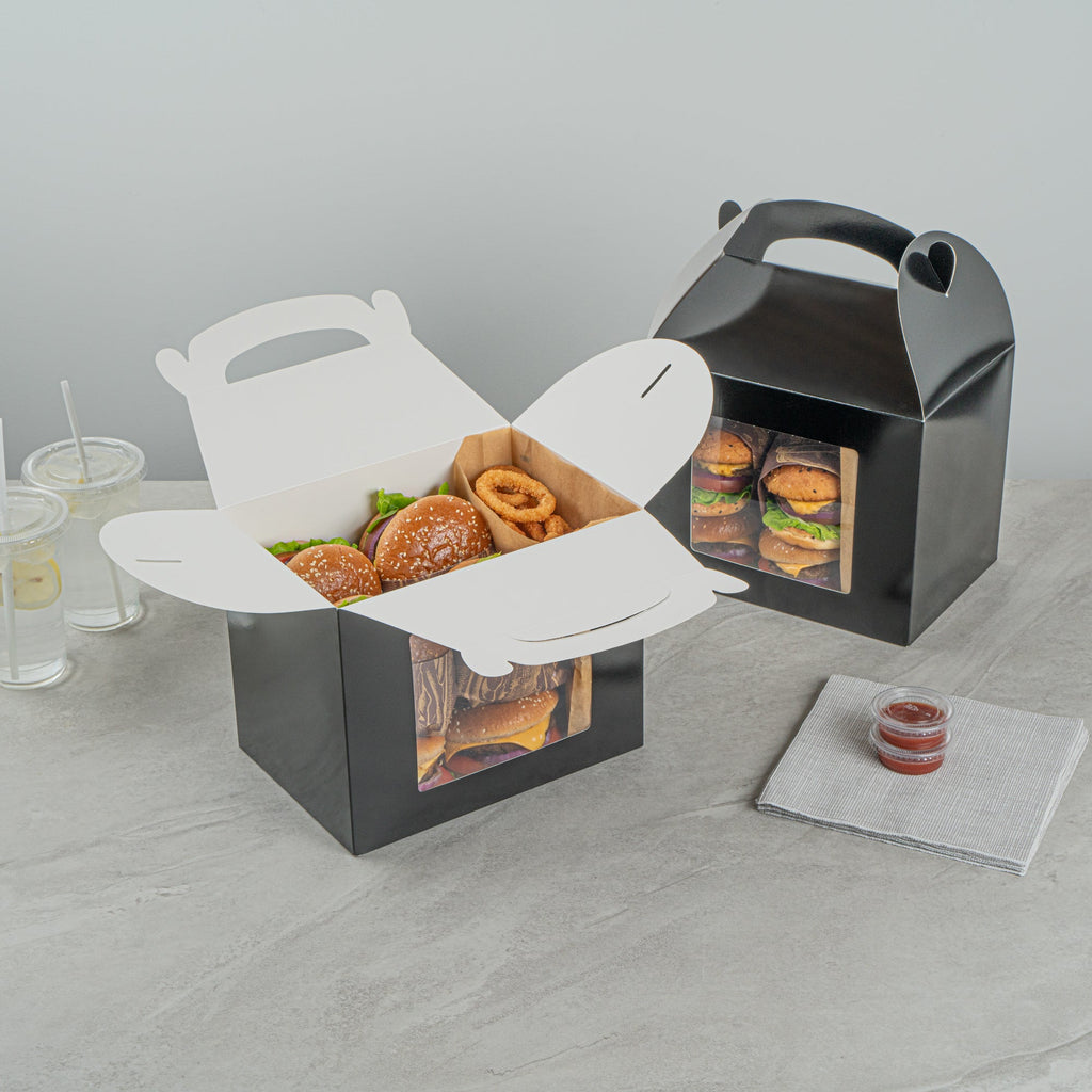 Bio Tek Black Paper Gable Box / Take Out Container - Greaseproof, with Window - 10" x 7" x 8" - 25 count box