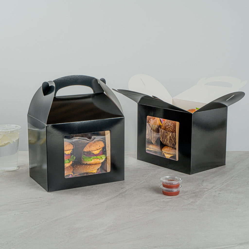 Bio Tek Black Paper Gable Box / Take Out Container - Greaseproof, with Window - 10" x 7" x 8" - 25 count box
