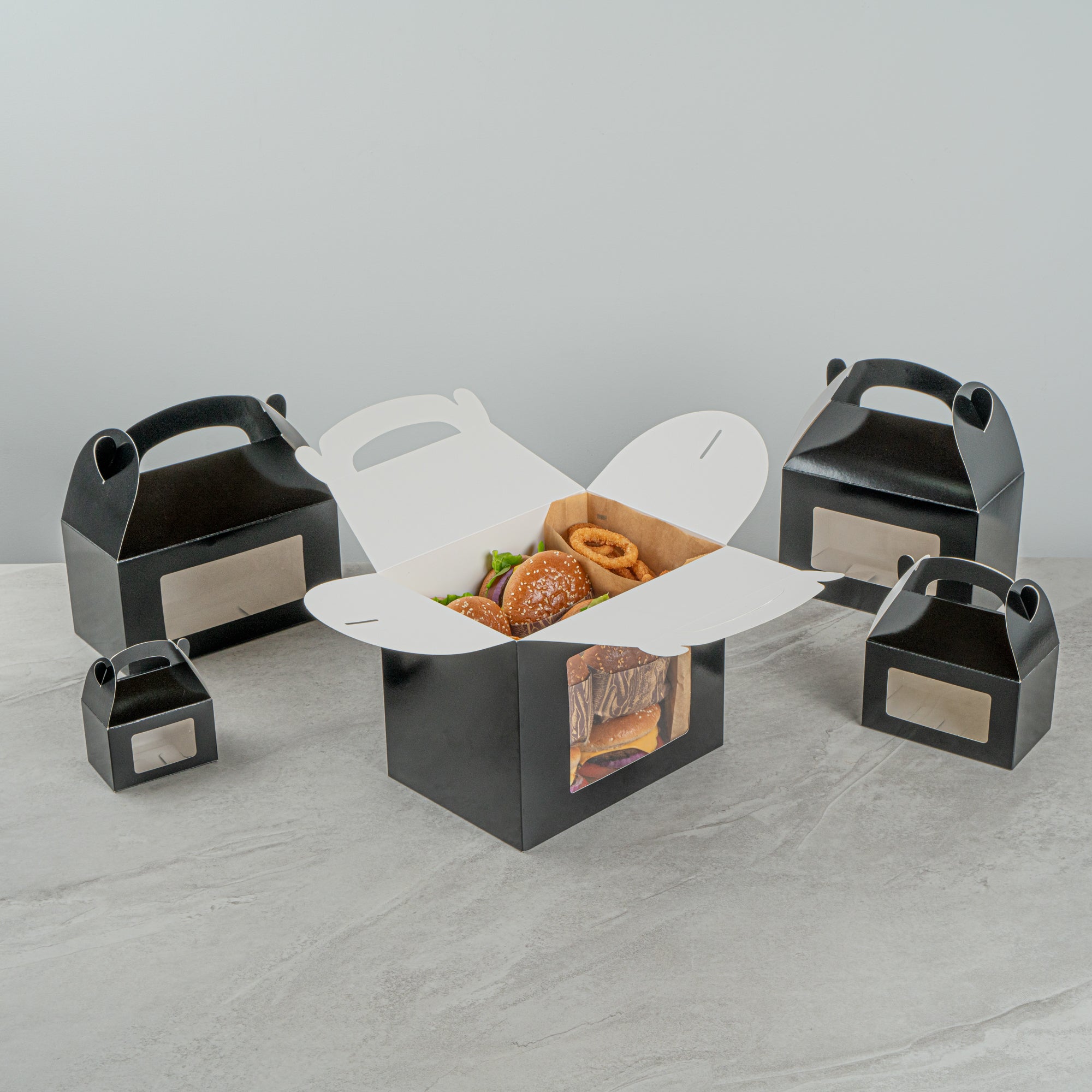 Bio Tek Black Paper Gable Box / Take Out Container - Greaseproof, with Window - 10" x 7" x 8" - 25 count box