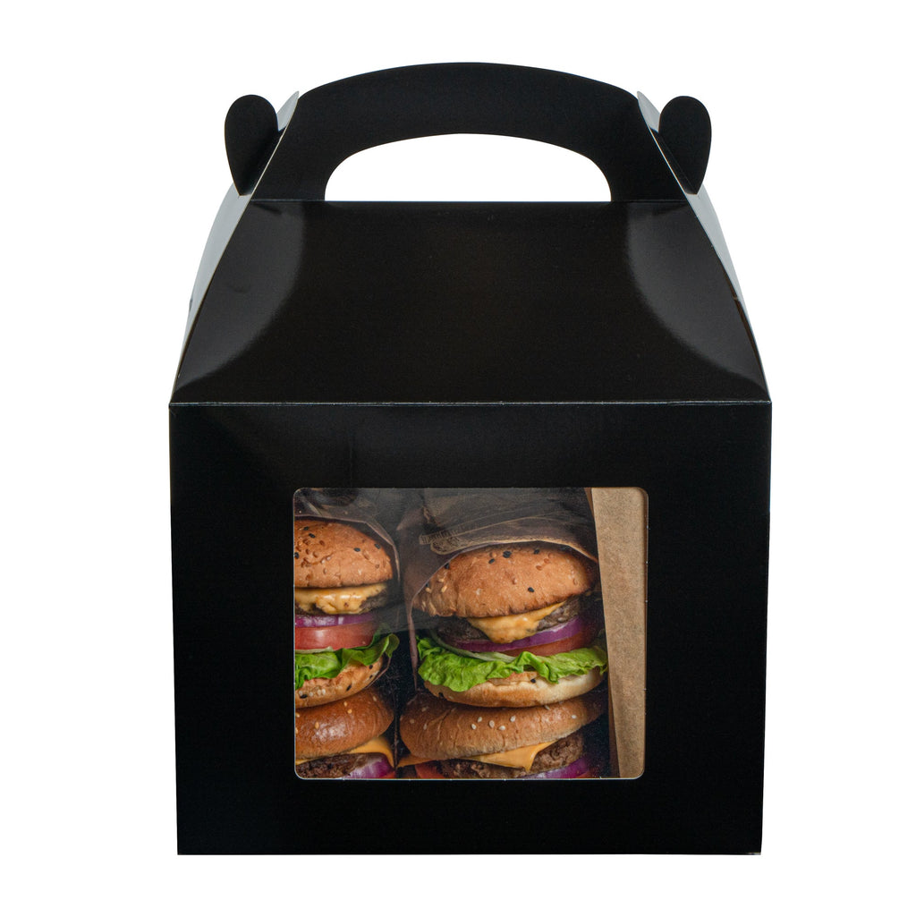Bio Tek Black Paper Gable Box / Take Out Container - Greaseproof, with Window - 10" x 7" x 8" - 100 count box