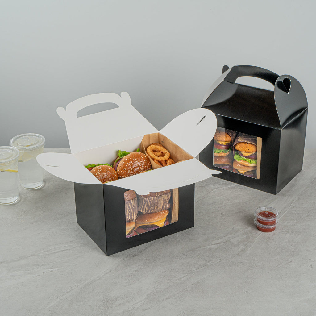 Bio Tek Black Paper Gable Box / Take Out Container - Greaseproof, with Window - 10" x 7" x 8" - 100 count box