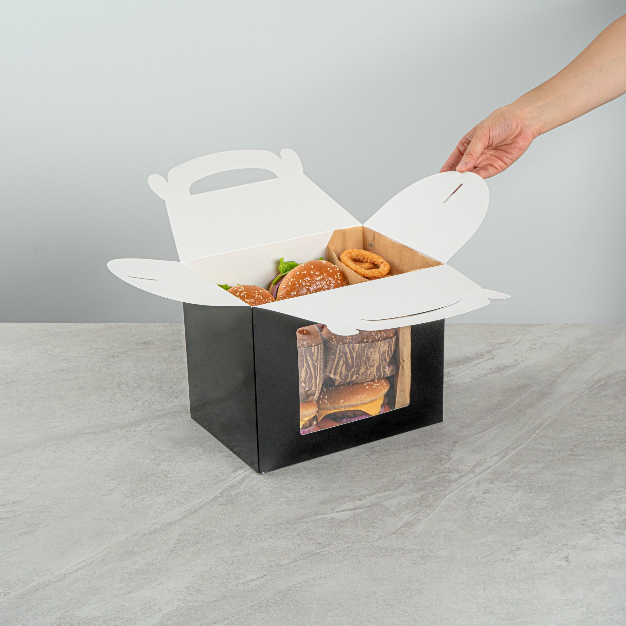 Bio Tek Black Paper Gable Box / Take Out Container - Greaseproof, with Window - 10" x 7" x 8" - 100 count box