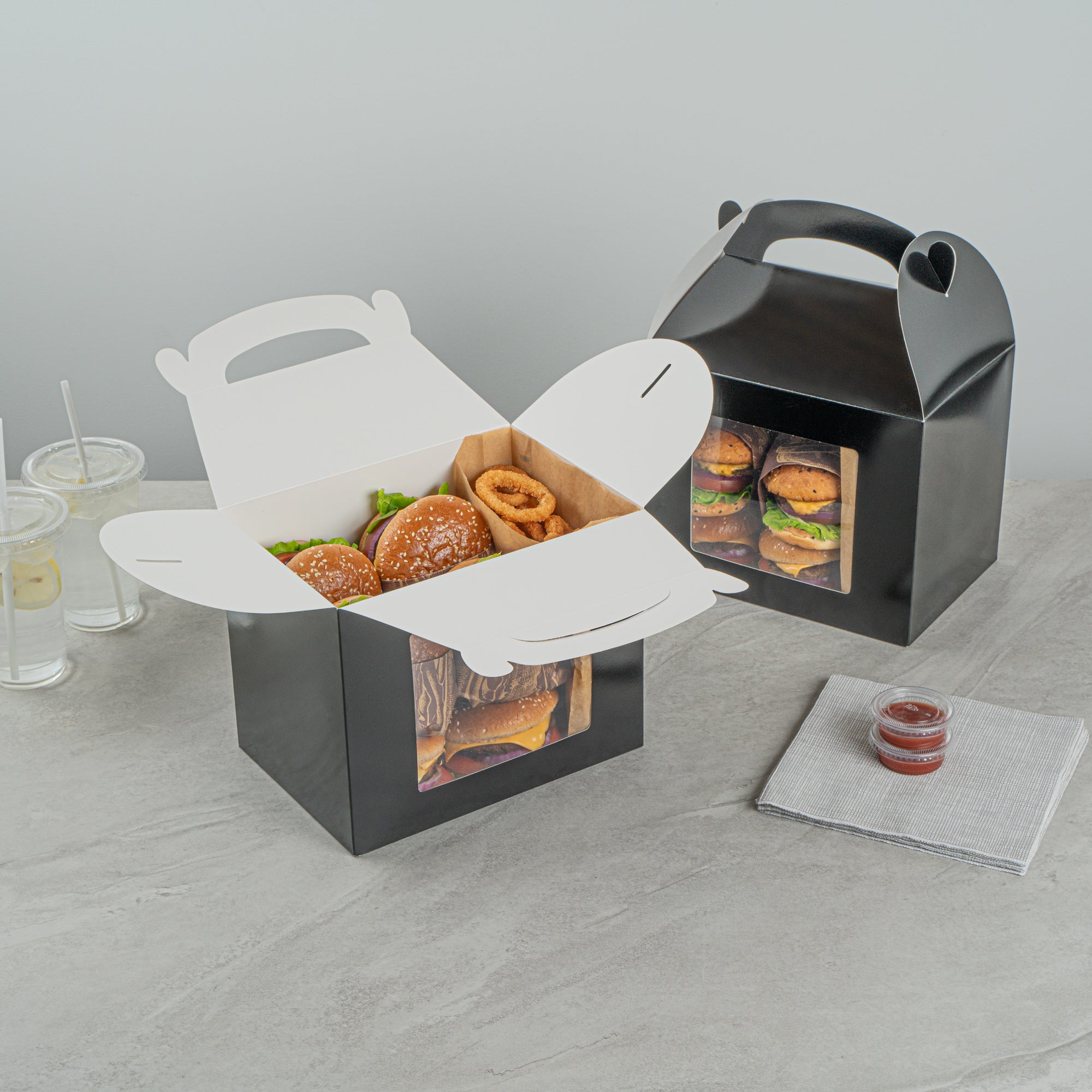 Bio Tek Black Paper Gable Box / Take Out Container - Greaseproof, with Window - 10" x 7" x 8" - 100 count box