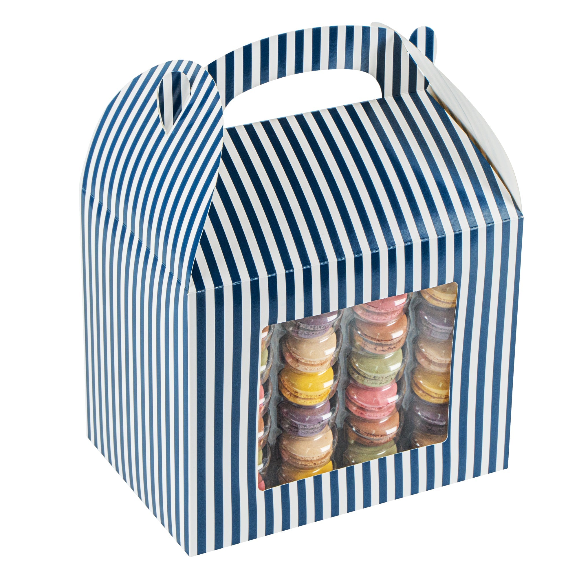 Bio Tek Blue and White Stripe Paper Gable Box / Take Out Container - with Window - 10" x 7" x 8" - 25 count box