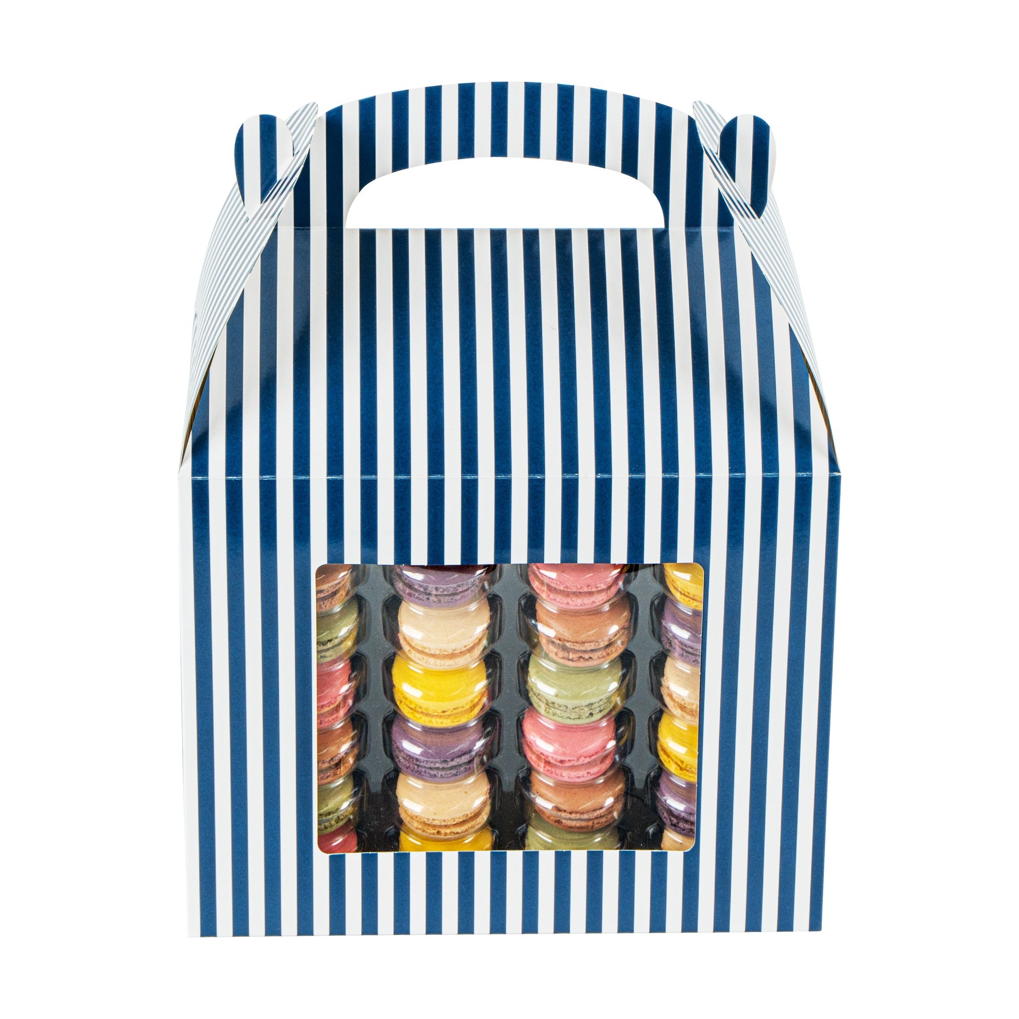 Bio Tek Blue and White Stripe Paper Gable Box / Take Out Container - with Window - 10" x 7" x 8" - 25 count box