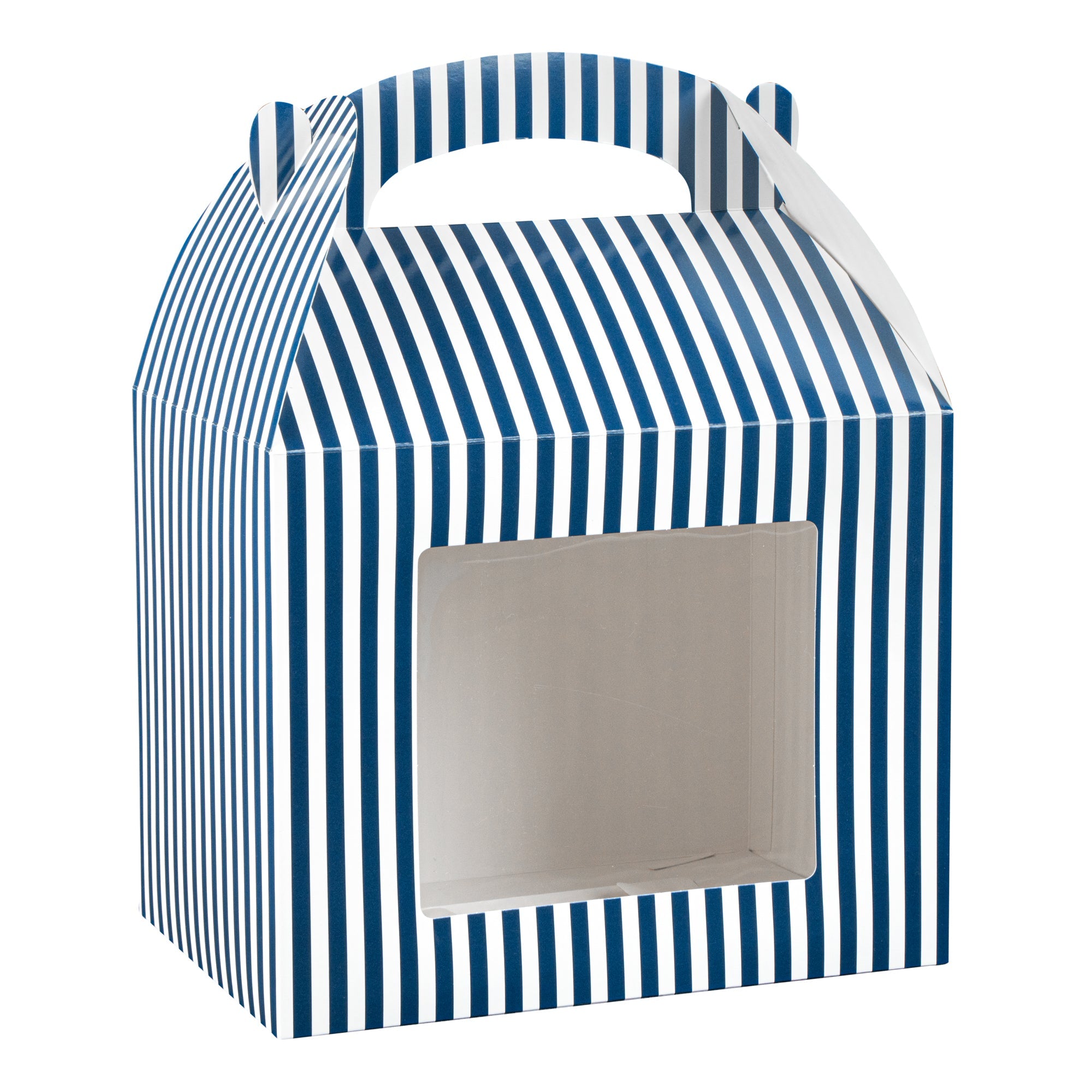 Bio Tek Blue and White Stripe Paper Gable Box / Take Out Container - with Window - 10" x 7" x 8" - 25 count box