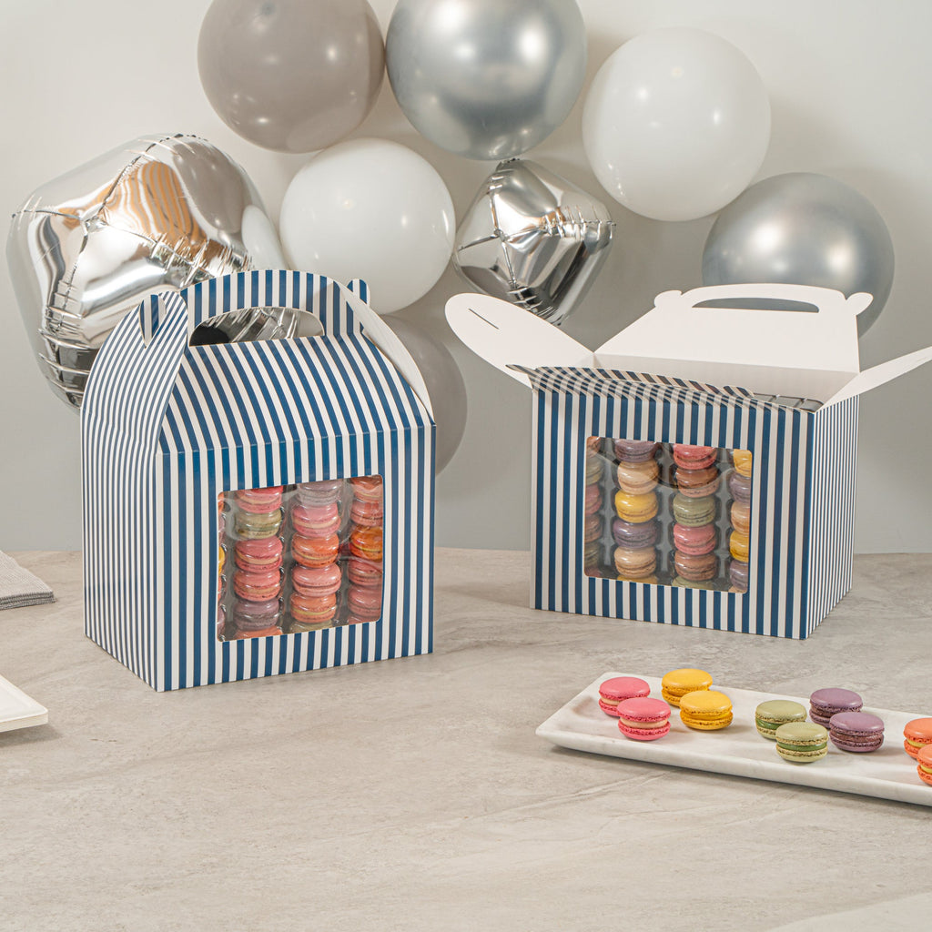Bio Tek Blue and White Stripe Paper Gable Box / Take Out Container - with Window - 10" x 7" x 8" - 100 count box