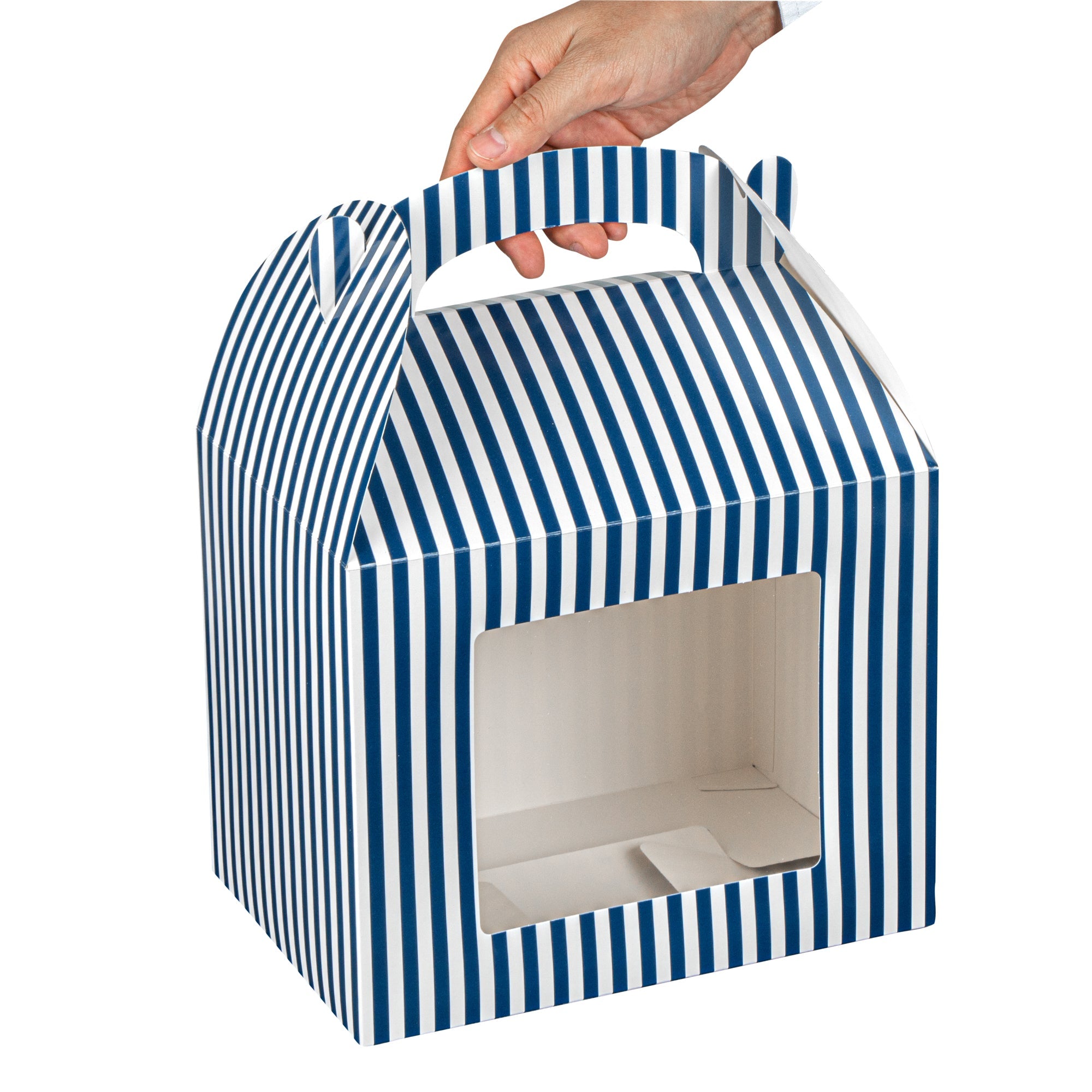 Bio Tek Blue and White Stripe Paper Gable Box / Take Out Container - with Window - 10" x 7" x 8" - 100 count box