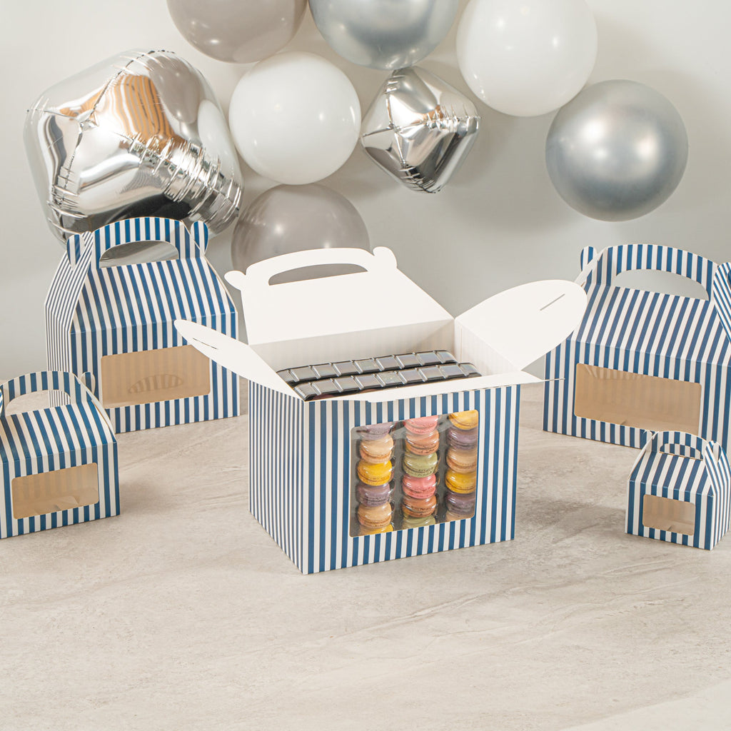 Bio Tek Blue and White Stripe Paper Gable Box / Take Out Container - with Window - 10" x 7" x 8" - 100 count box