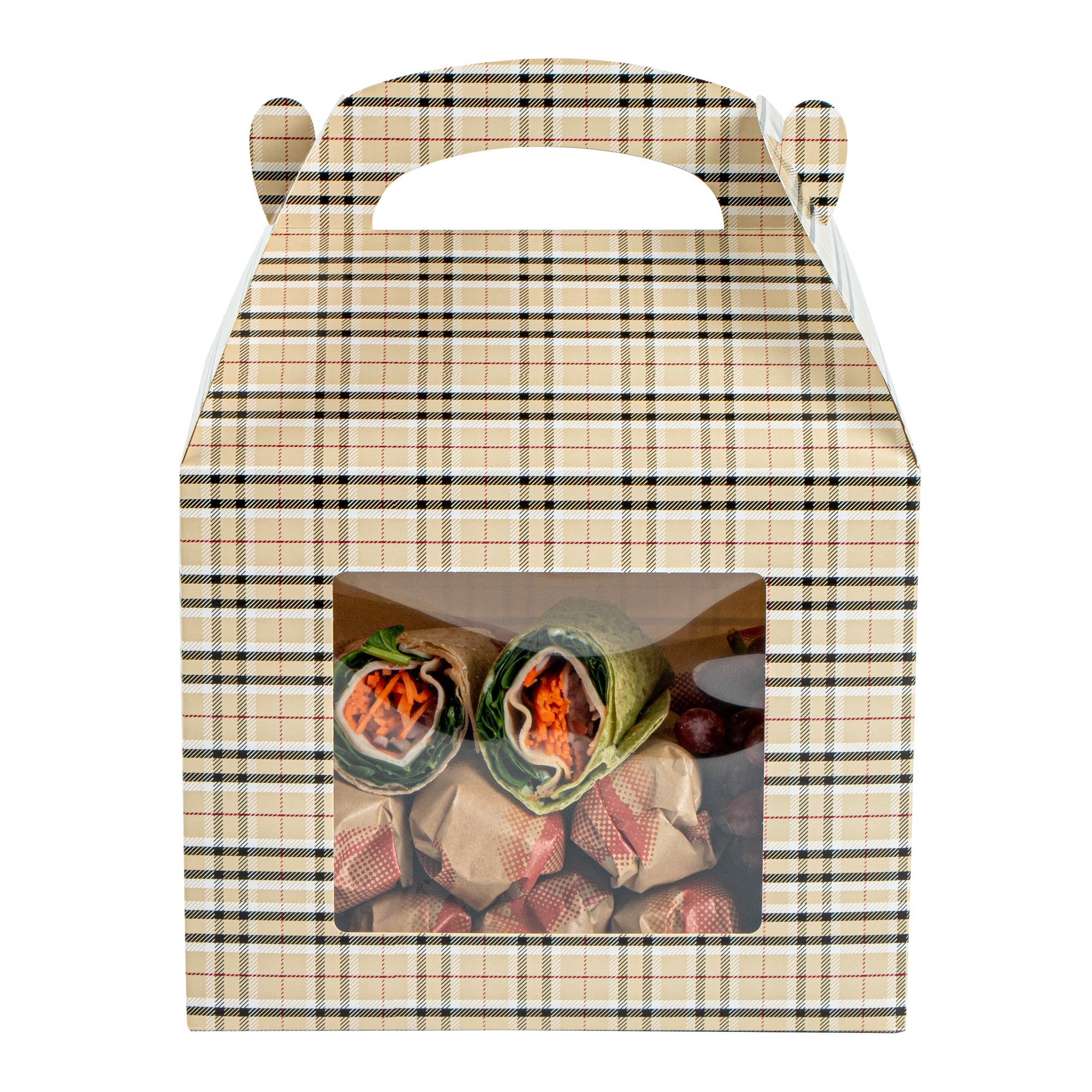 Bio Tek Plaid Paper Gable Box / Take Out Container - with Window - 10" x 7" x 8" - 25 count box