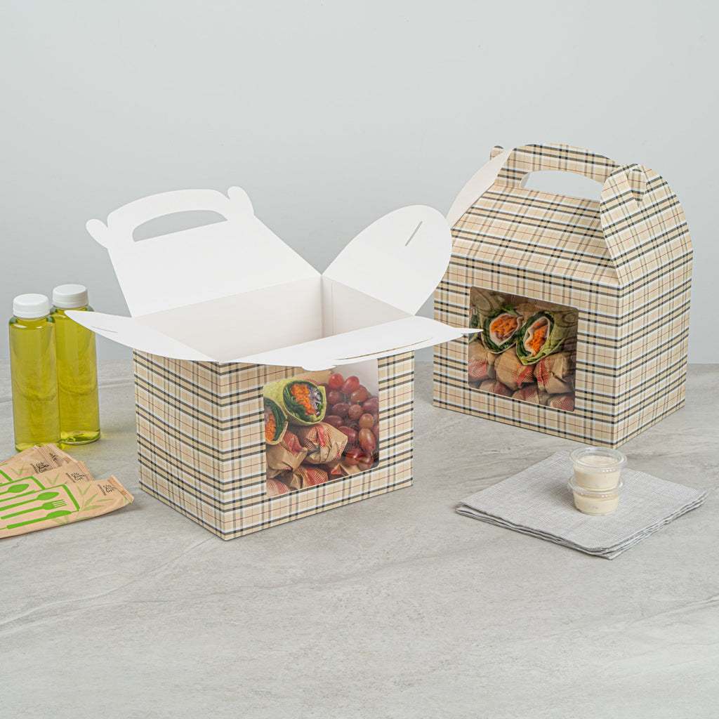 Bio Tek Plaid Paper Gable Box / Take Out Container - with Window - 10" x 7" x 8" - 100 count box
