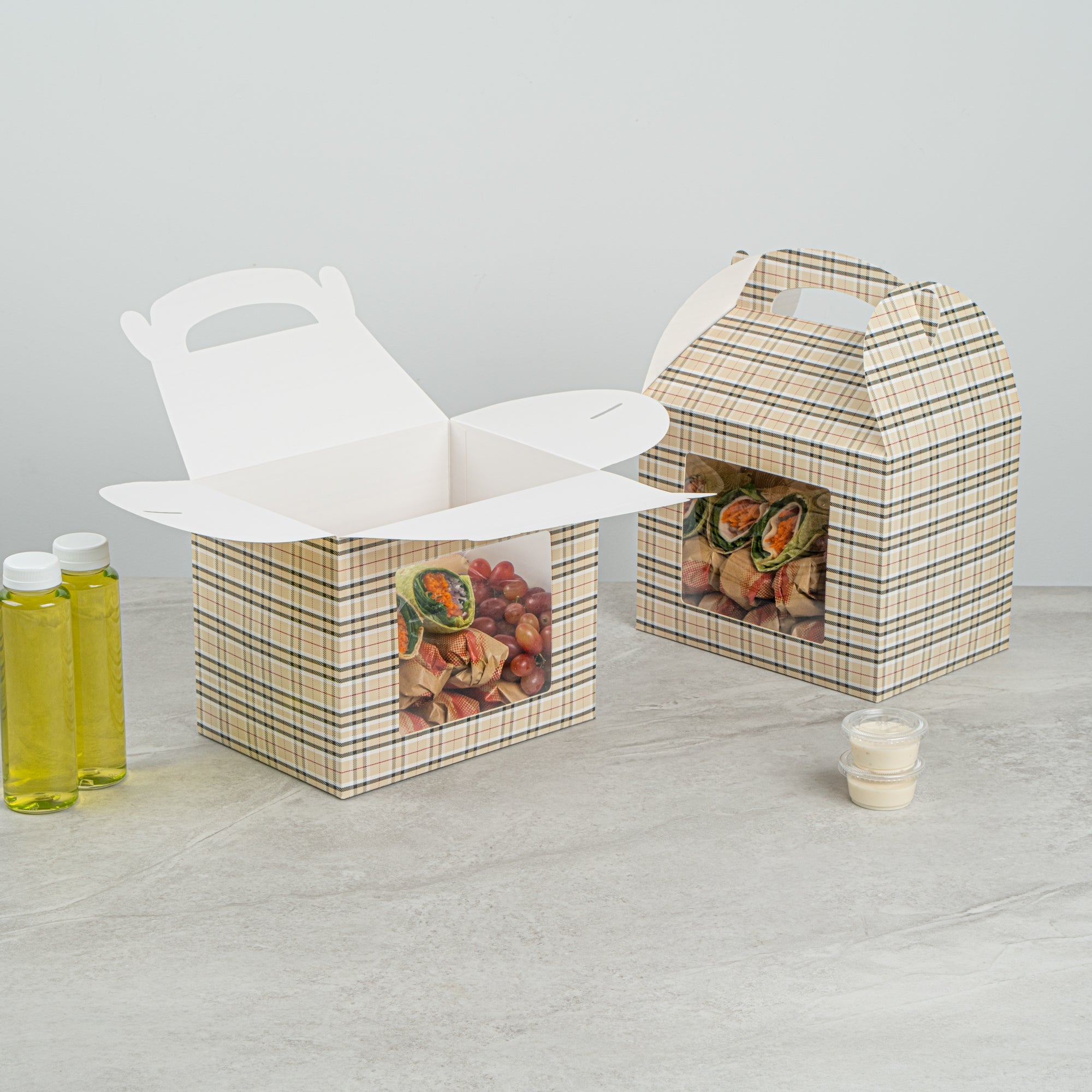 Bio Tek Plaid Paper Gable Box / Take Out Container - with Window - 10" x 7" x 8" - 100 count box