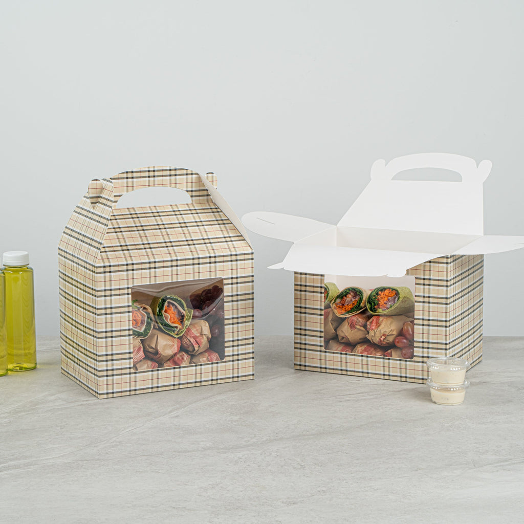 Bio Tek Plaid Paper Gable Box / Take Out Container - with Window - 10" x 7" x 8" - 100 count box