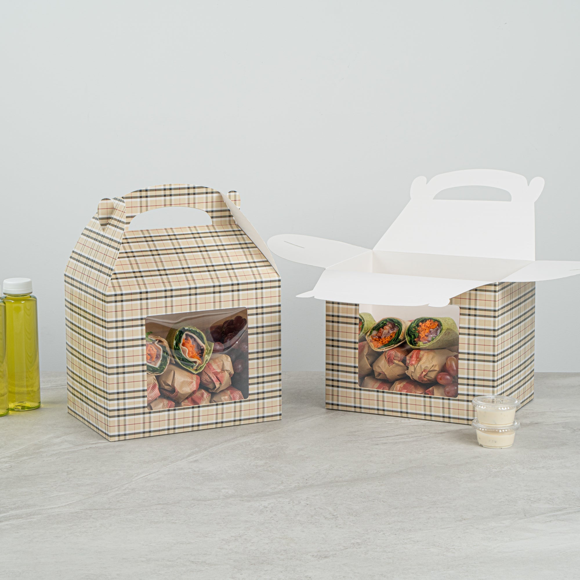 Bio Tek Plaid Paper Gable Box / Take Out Container - with Window - 10" x 7" x 8" - 100 count box