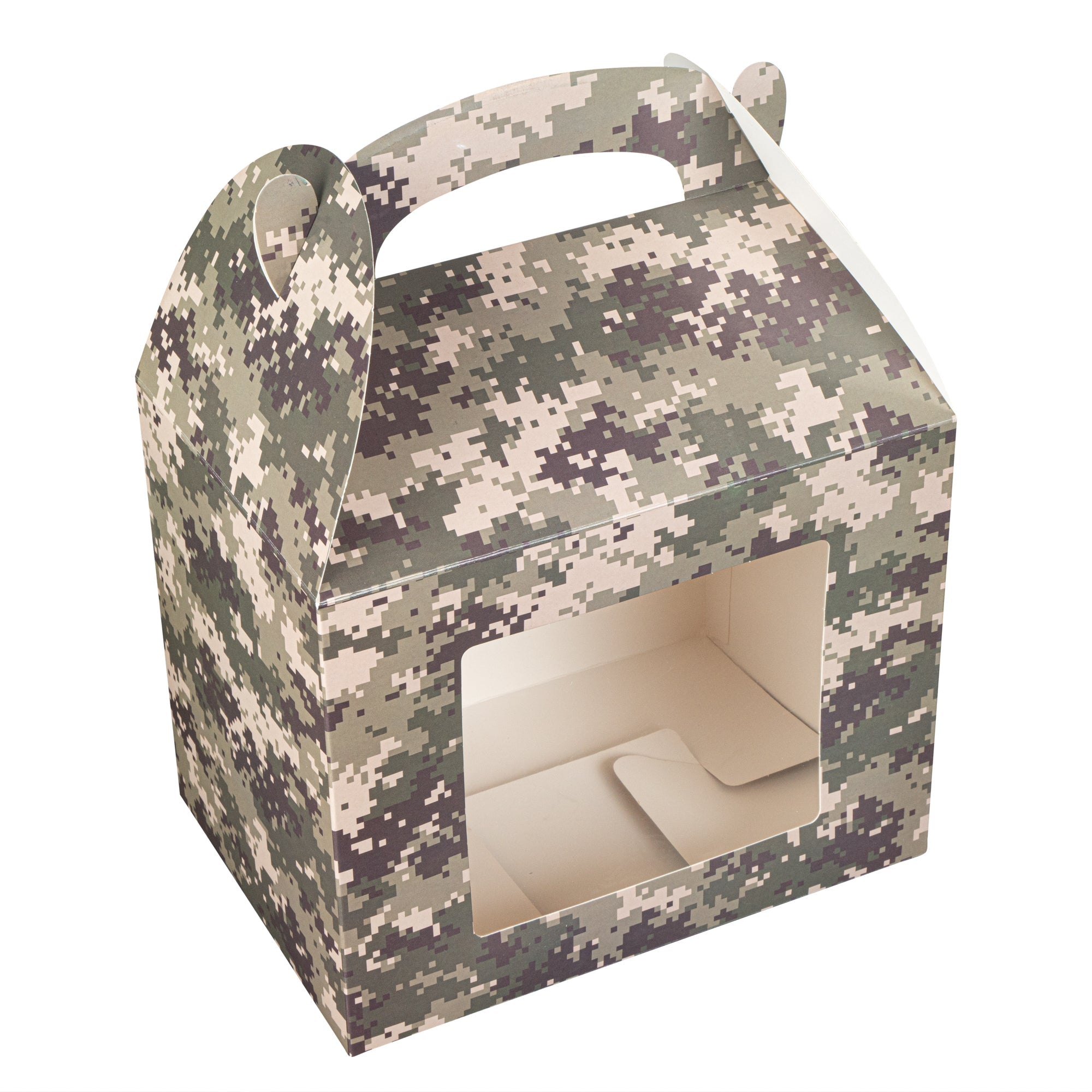Bio Tek Camouflage Paper Gable Box / Take Out Container - with Window - 10" x 7" x 8" - 25 count box