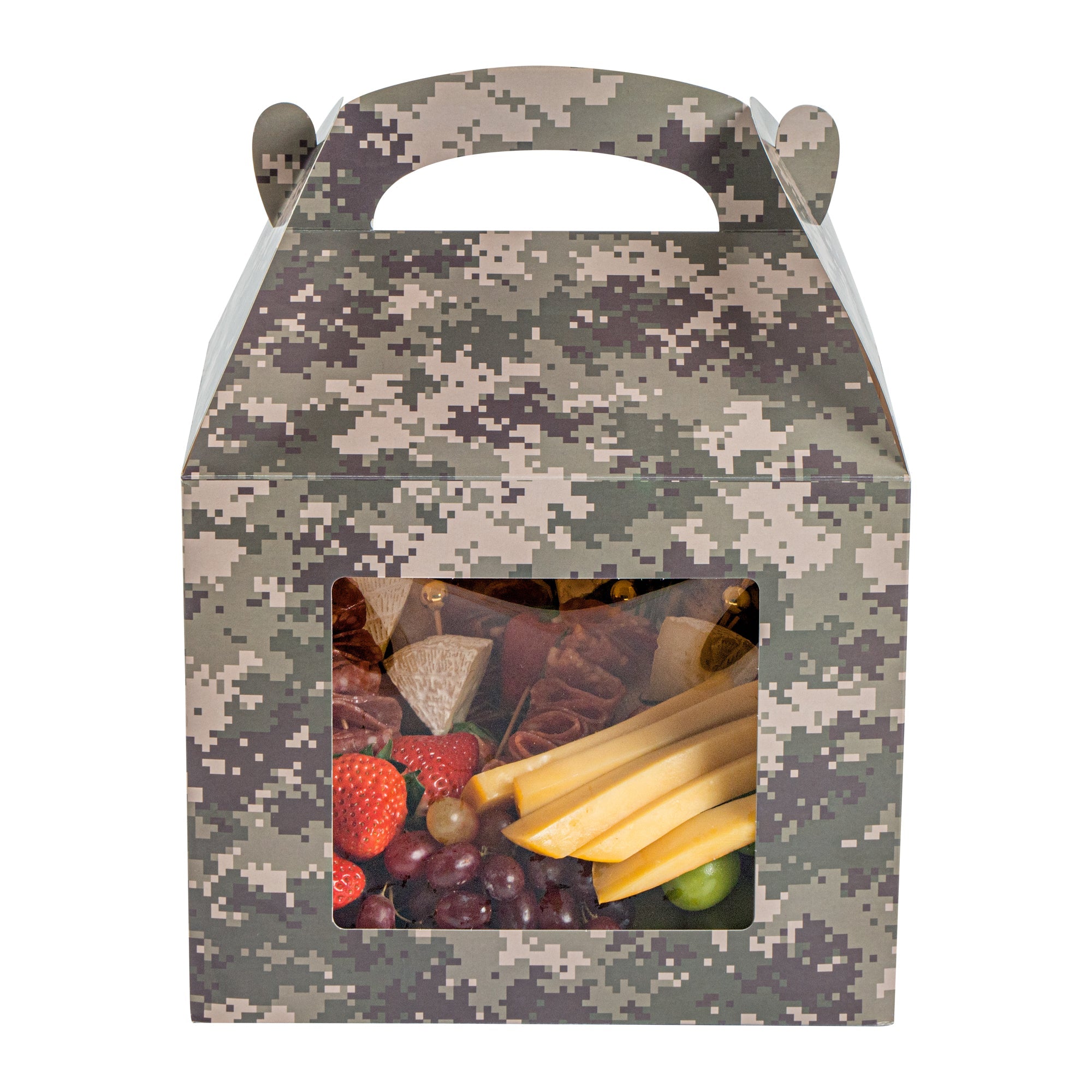Bio Tek Camouflage Paper Gable Box / Take Out Container - with Window - 10" x 7" x 8" - 25 count box