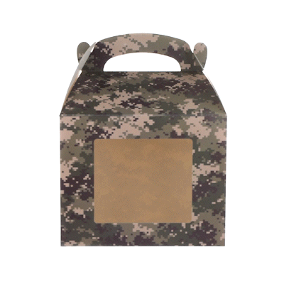 Bio Tek Camouflage Paper Gable Box / Take Out Container - with Window - 10" x 7" x 8" - 25 count box